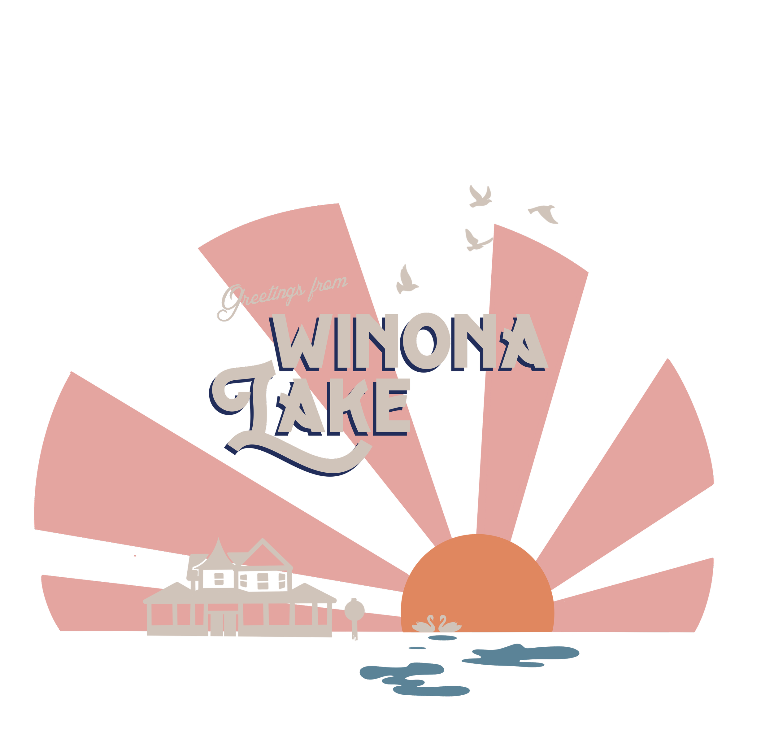 Colorful graphic of a scenic lake with a pier, trees, and a sunset, with a pink banner displaying the words 'Greetings from WINONA GALLERY' and a small swan floating on the water.