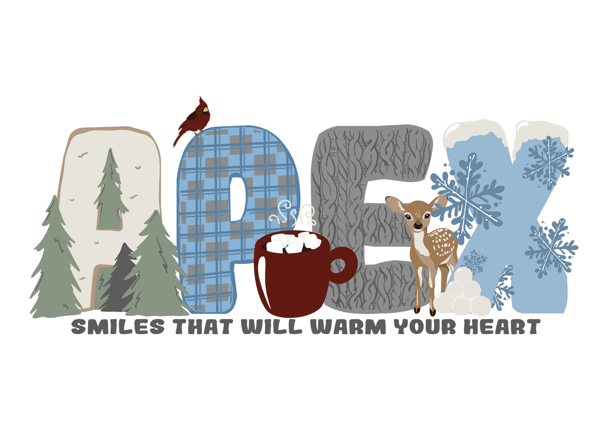 Illustration of winter-themed elements including pine trees, a cardinal bird, a plaid winter hat, a mug of hot chocolate with marshmallows, a deer, snowflakes, and the phrase 'Smile that will warm your heart'