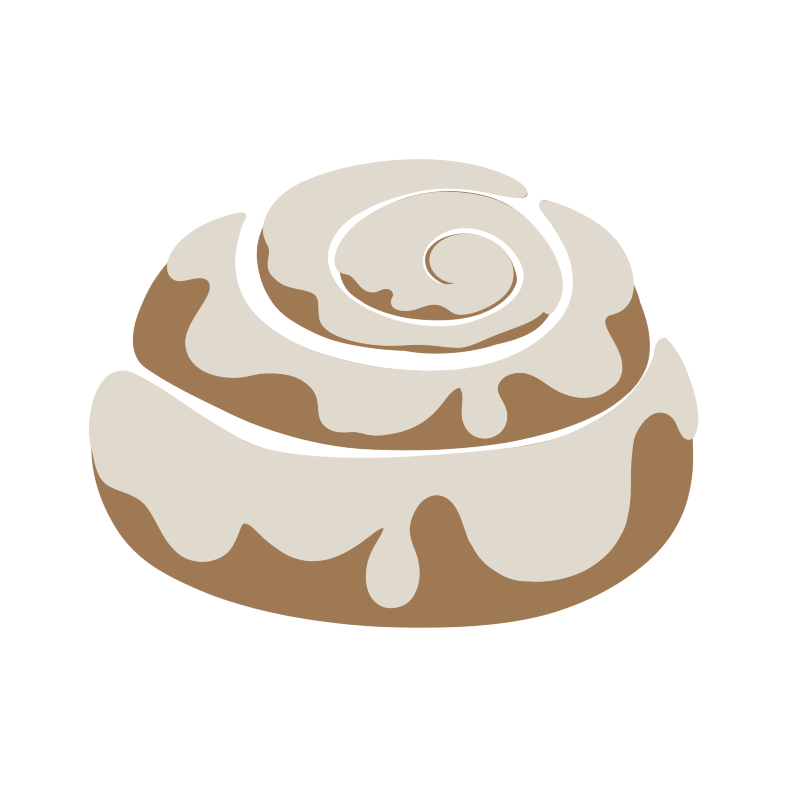 A stylized illustration of a spiral cinnamon roll with icing on top, set against a black background.