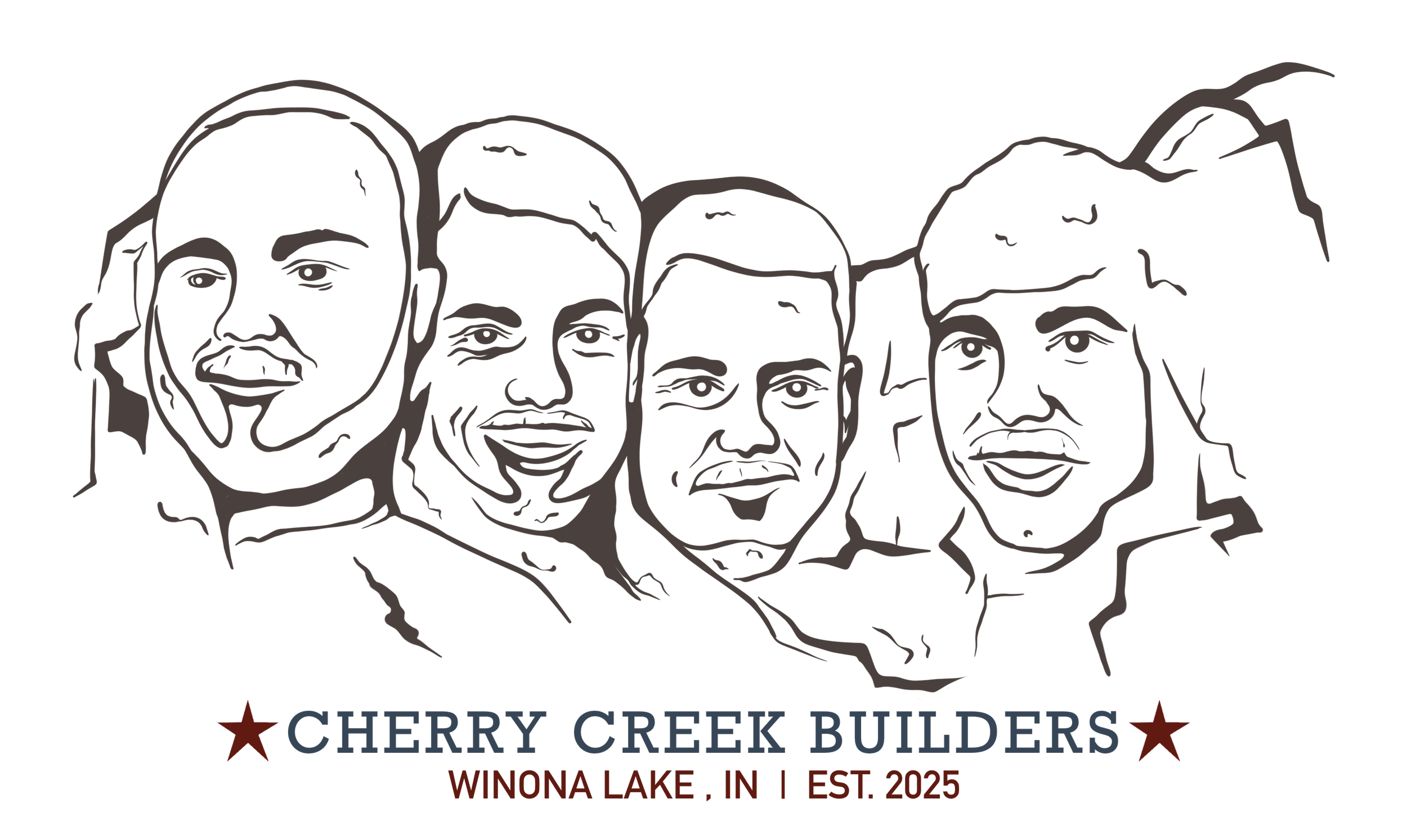 A black and gray graphic illustration of four men's faces, the first with long hair and mustache, the second with short hair and a goatee, the third with short hair and a serious expression, and the fourth with a hat, with the text "Cherry Creek Buil