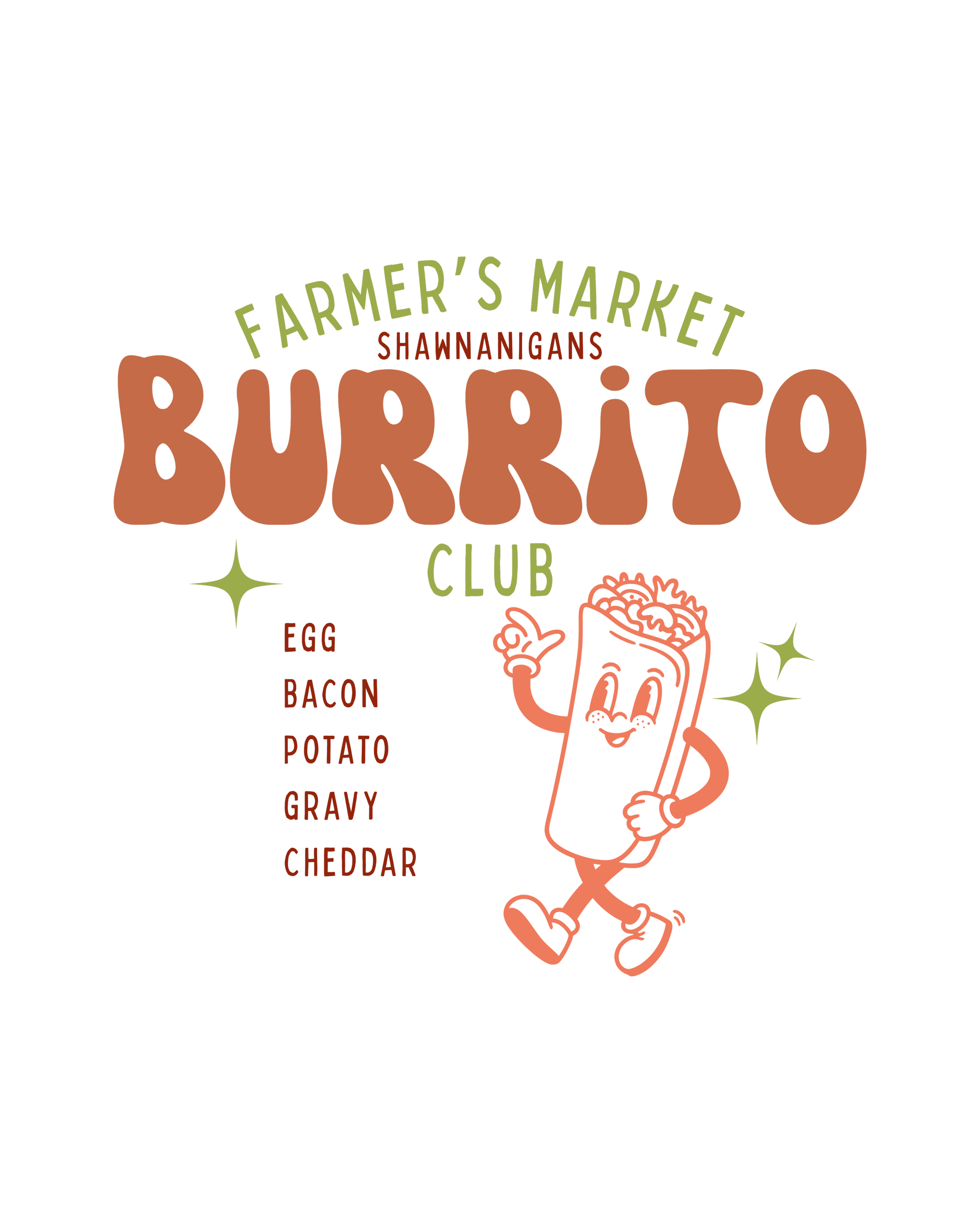 Graphics of a farmer's market named "Shawnigans" with large stylized text "BURRITO" and a cartoon beer mug character holding a slice of burrito and a food tray.