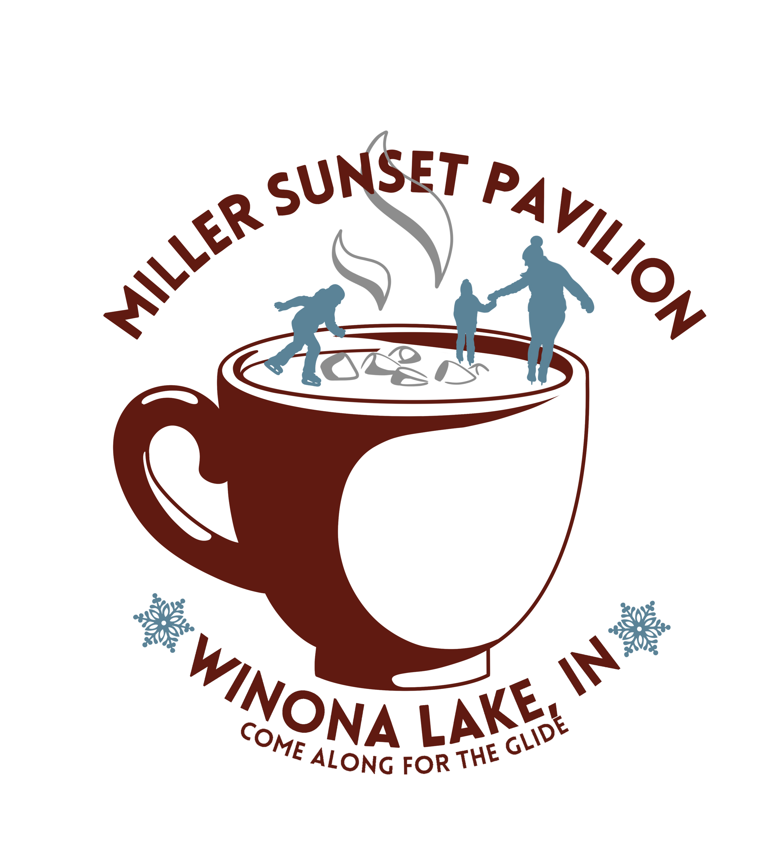A stylized dark red coffee mug with snowflake decorations, featuring a silhouette of a large steaming cup on it, with a circular text around it that reads 'Winter Wonderland'. Inside the circle, there are four blue snowflake icons and silhouettes of 