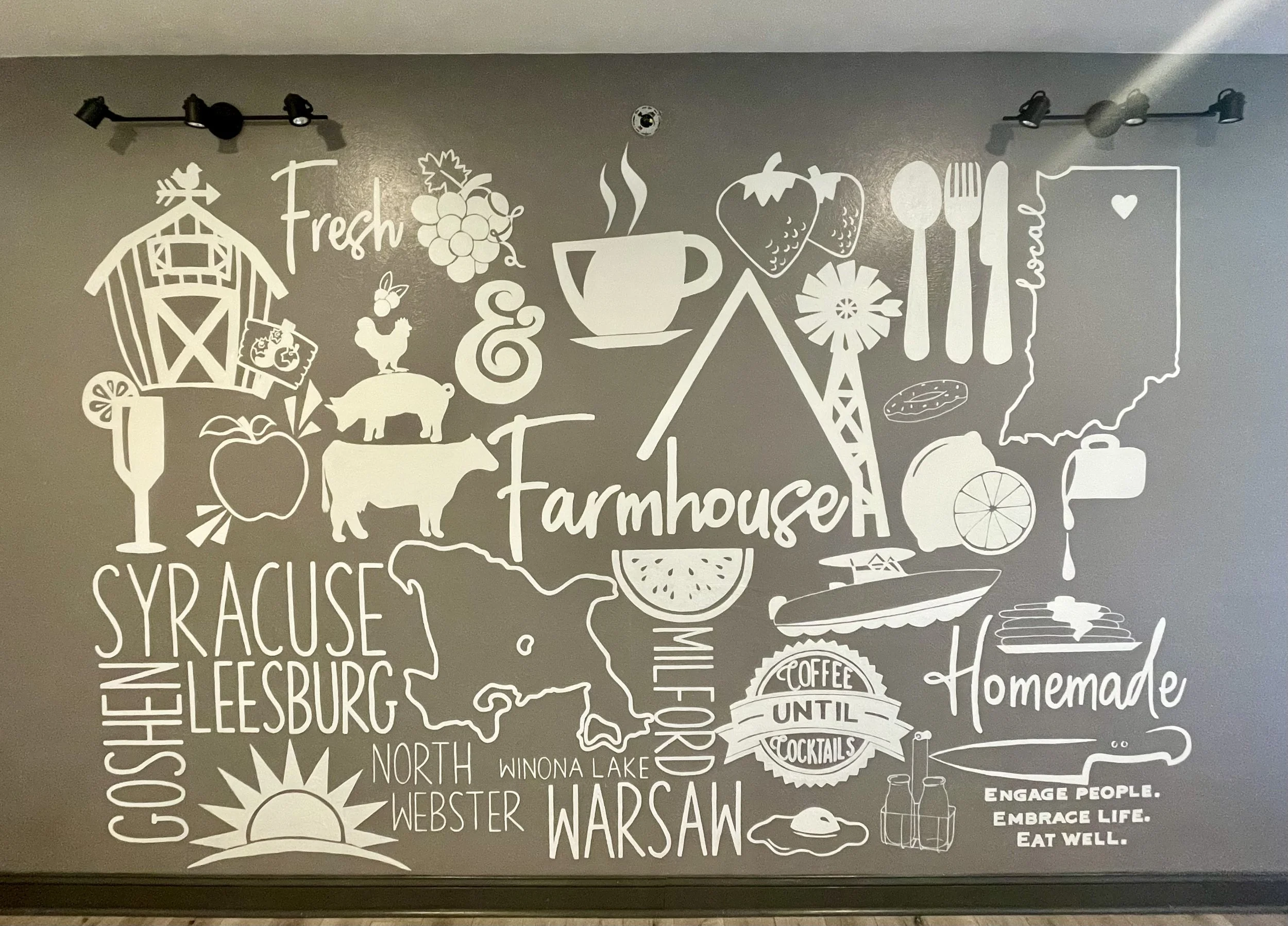 White illustrated map of a region in the U.S. with city names, foods, beverages, and icons, including a barn, grapes, a cup of coffee, strawberries, a pig, a chicken, and a lemon. Text includes "fresh," "farmhouse," "syracuse," "warsaw," "home made," "coffee until cocktails