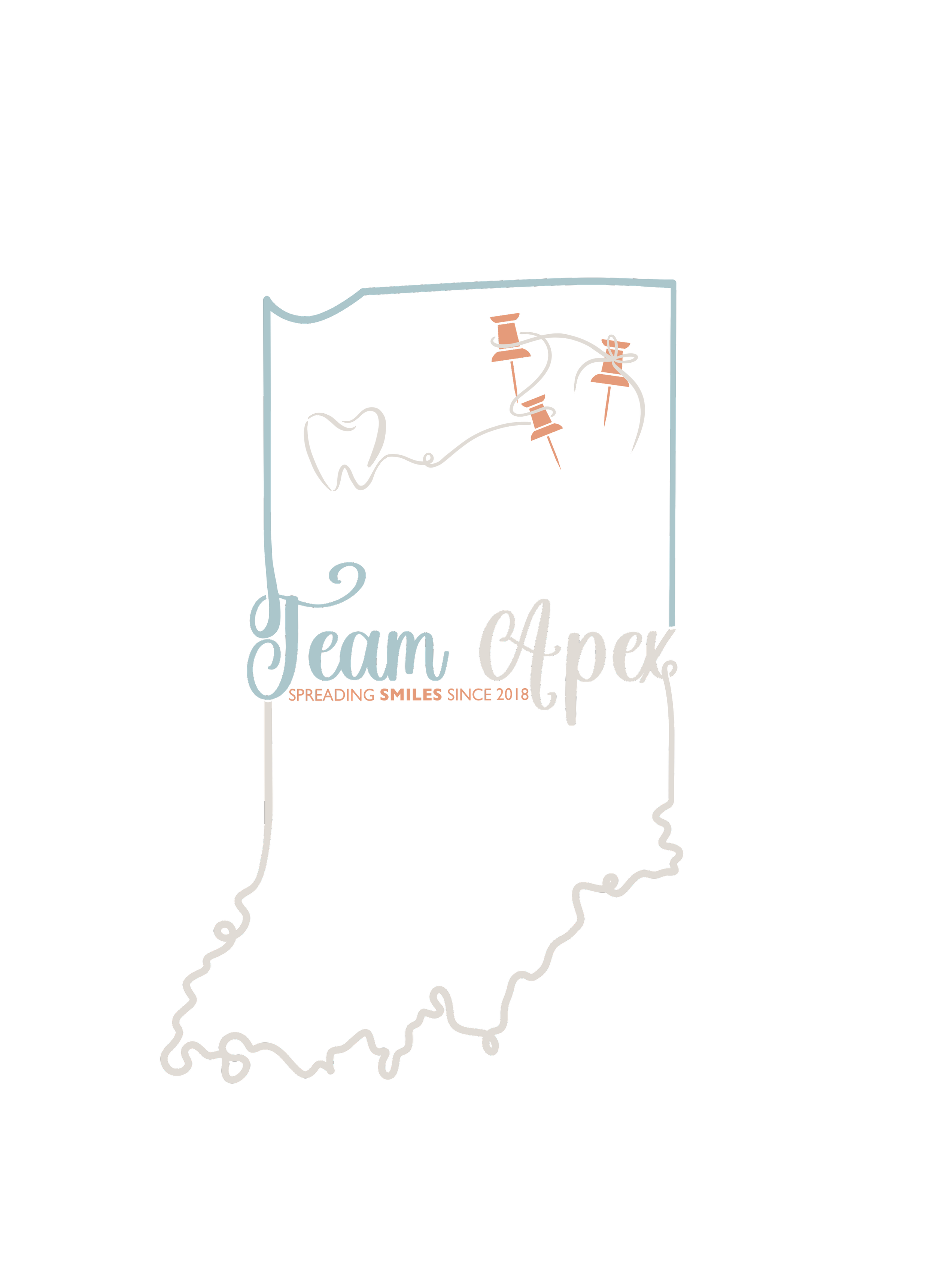 Outline map of Indiana with dental tools and the words "Team Apex" and "Spreading Smiles Since 2018" overlaid.