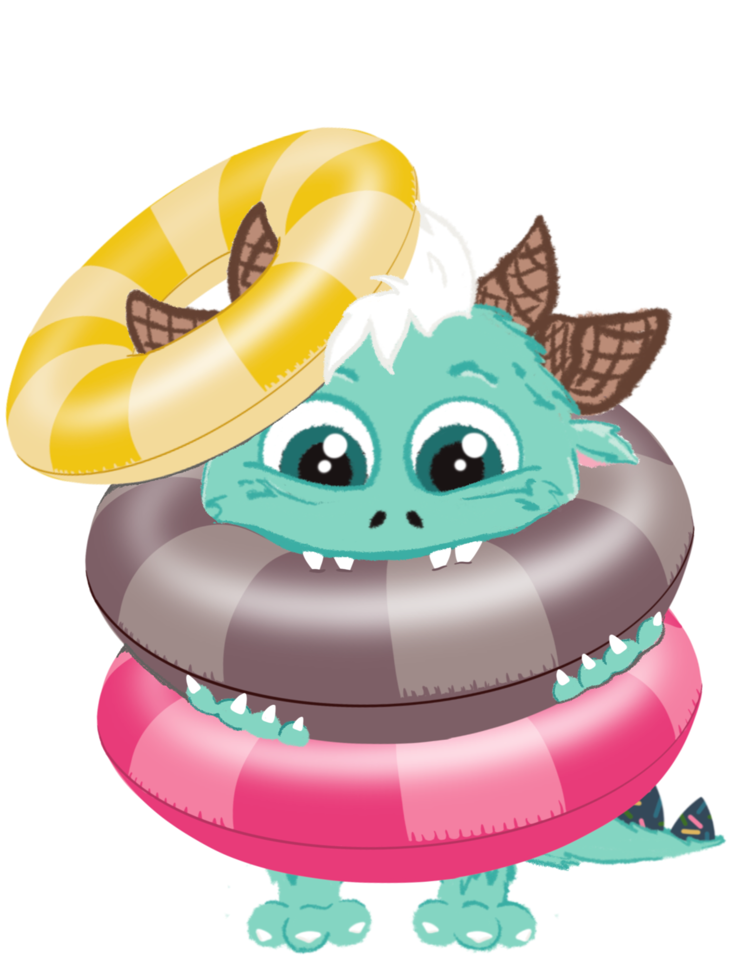 Cartoon dragon with turquoise skin, large eyes, white hair, and horns wearing a pink inflatable swim ring and a yellow and white striped inflatable ring on its head.