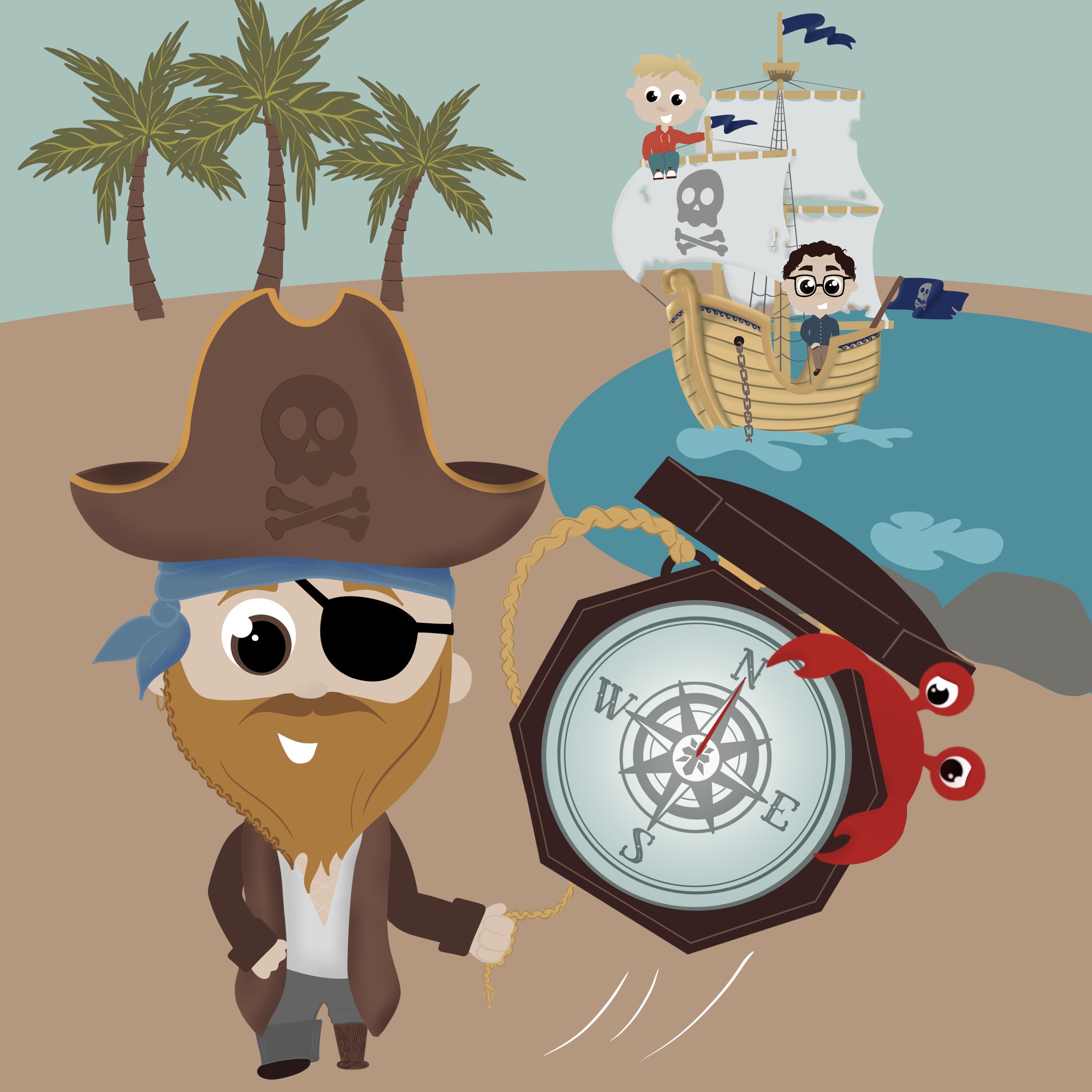 Cartoon pirate ship with a skull and crossbones flag, a boy sitting on the ship with blond hair, a girl with blue hair and an eye patch, a treasure chest, three palm trees, a large treasure chest, a red crab, and a magnifying glass in the foreground.