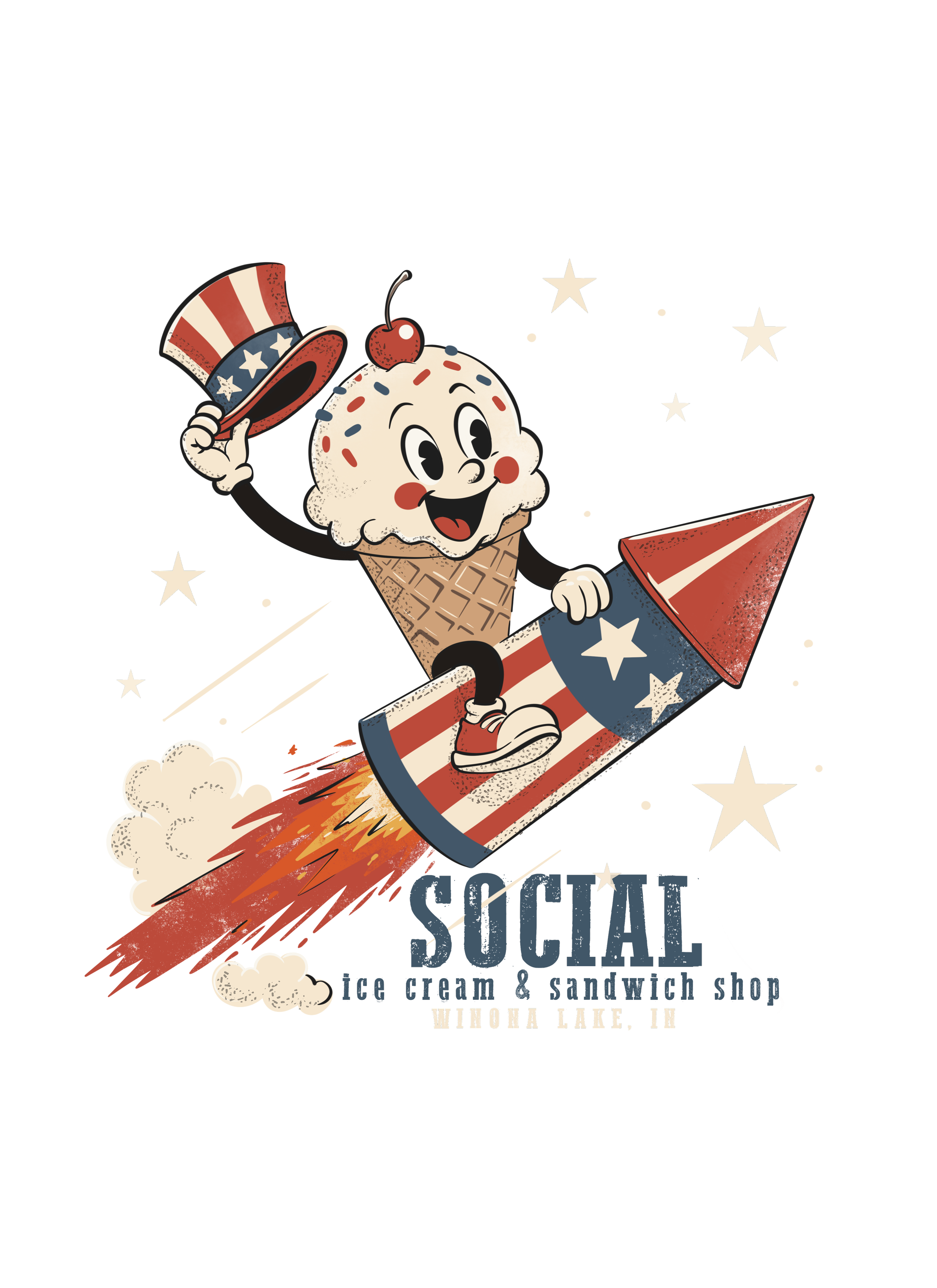 A cartoon mascot of a scoop of vanilla ice cream with a smiley face, holding an American flag-themed rocket, and wearing a hat with stars and stripes, against a backdrop of stars and stripes, promoting a social club, ice cream & sandwich shop in Wino