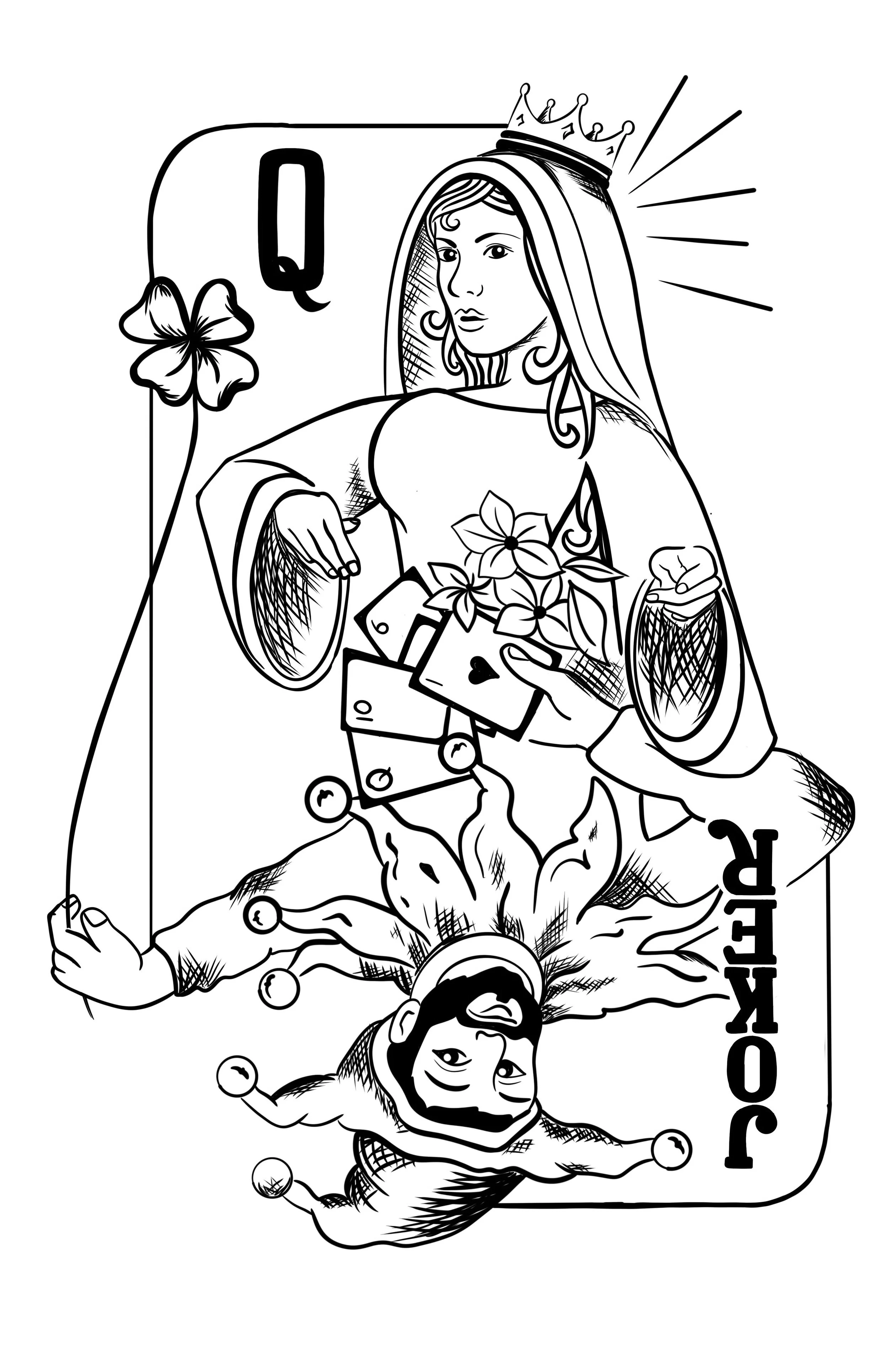 Black and white drawing of a joker lying on the ground and a woman with a crown and flowers in her hair. The joker is wearing glasses and is upside down with the word 'JOKER' on his sleeve. The woman appears to be part of a card design with a large face and the letter 'Q' in the background.