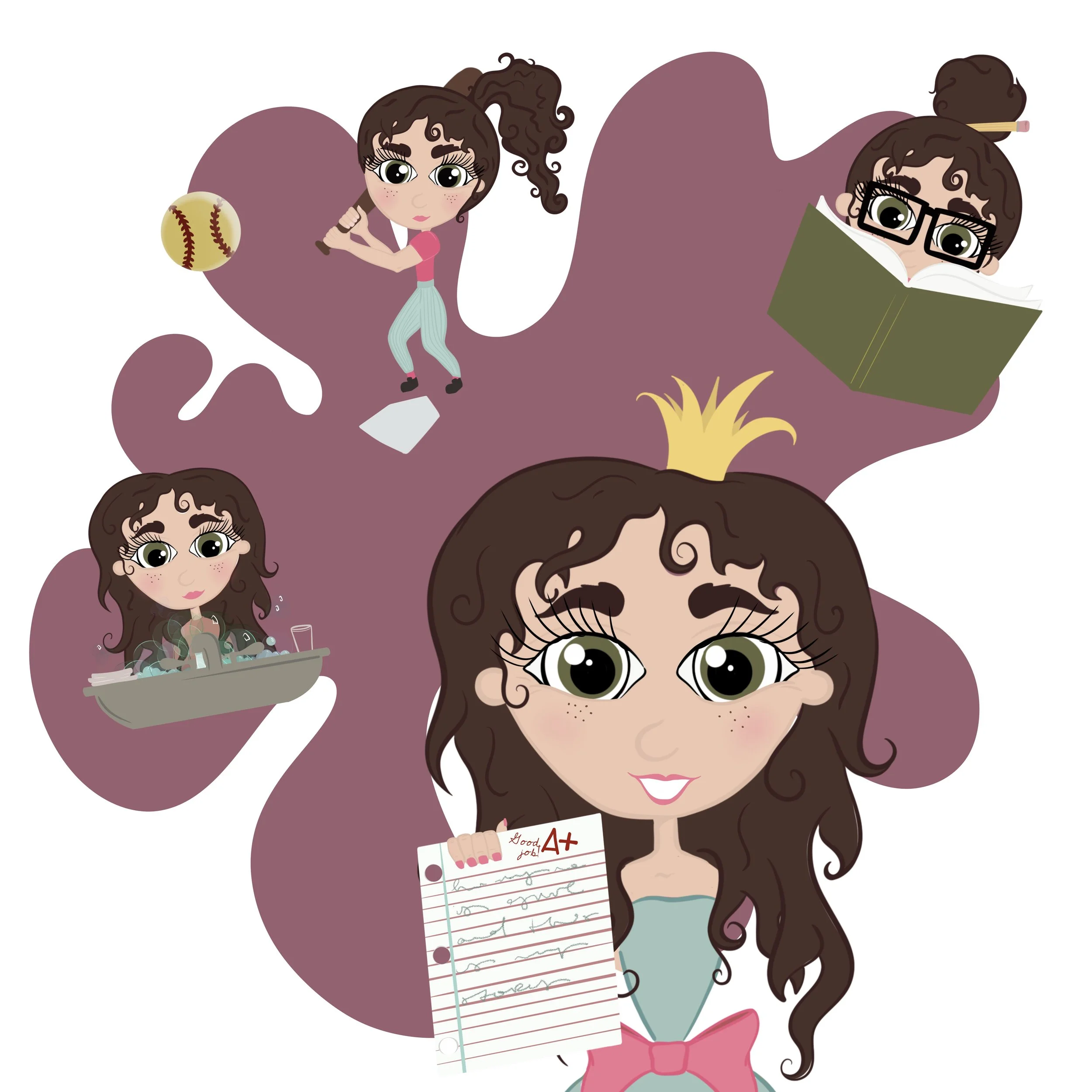 Cartoon girl with large eyes and curly hair holding an A+ grade paper, with multiple thought bubbles showing her playing baseball, reading a book, washing dishes, and studying.