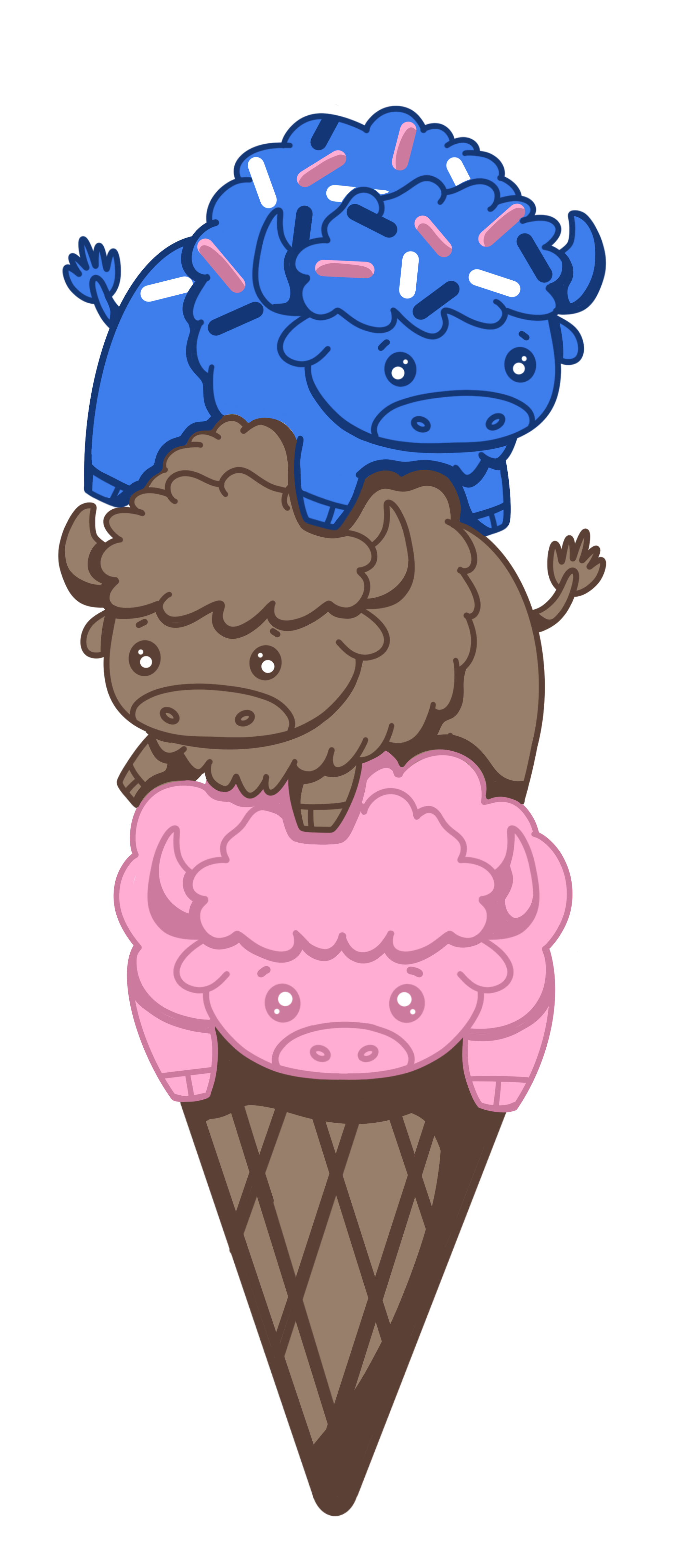 Stacked cartoon bison ice cream cones with colorful sprinkles.