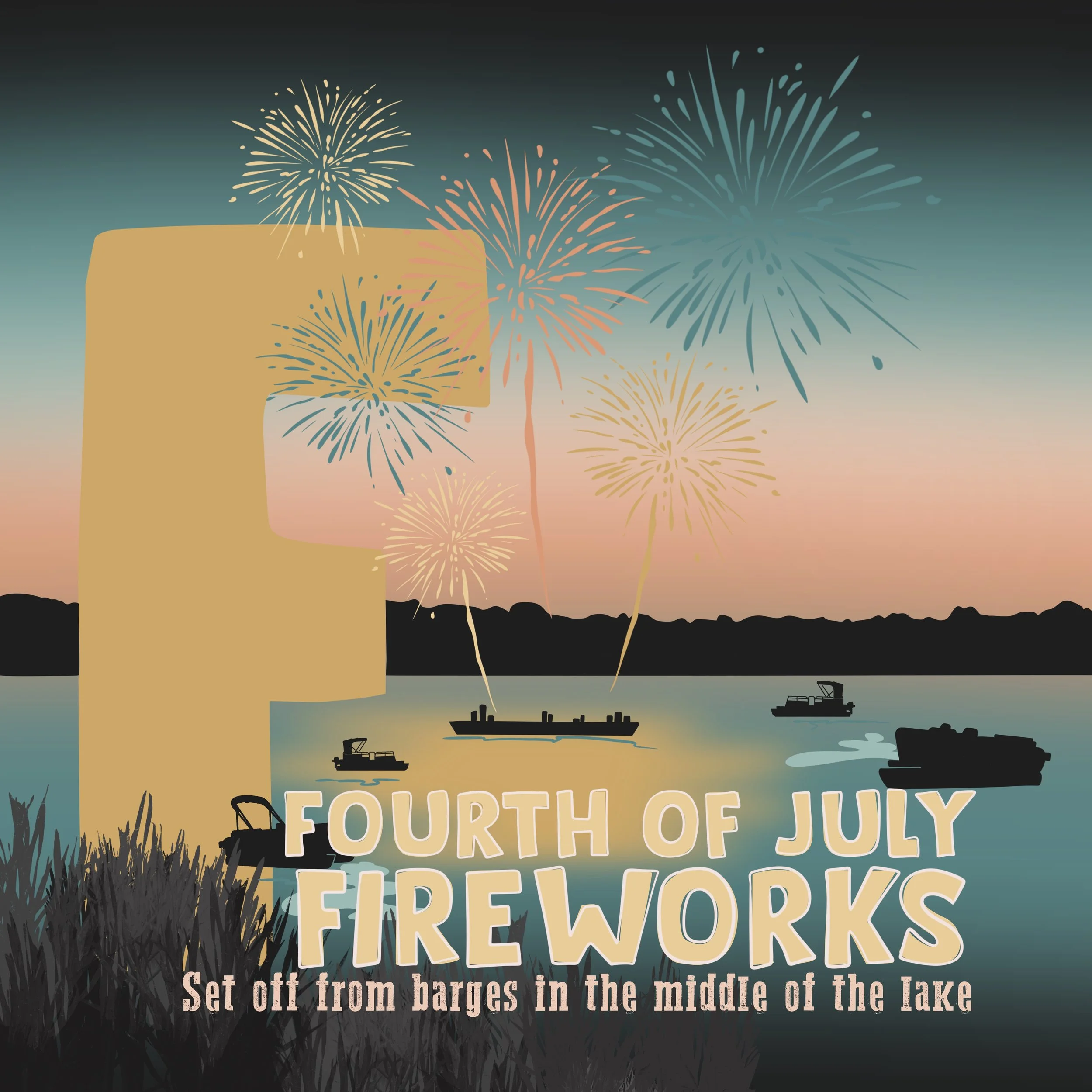 Fireworks over a lake at sunset, with boats and a sign that reads 'Fourteen July Fireworks' and instructions to set off from barges in the middle of the lake.