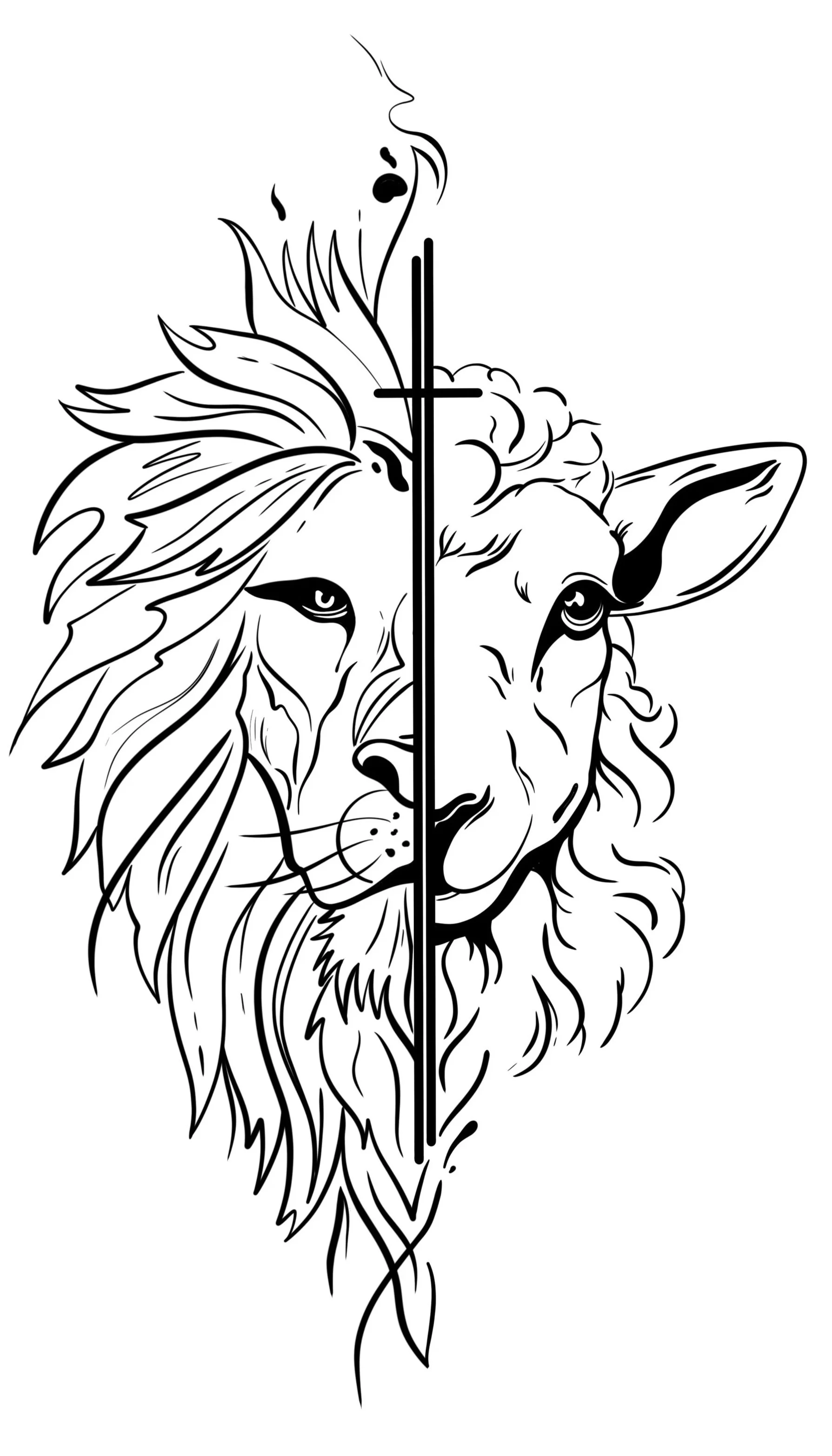 Black and white line drawing of a lion's face split vertically, with the left side depicting a lion's face with a mane and the right side showing a stylized face with a mane. In the center, a vertical sword is positioned with a cross guard and pointed tip.