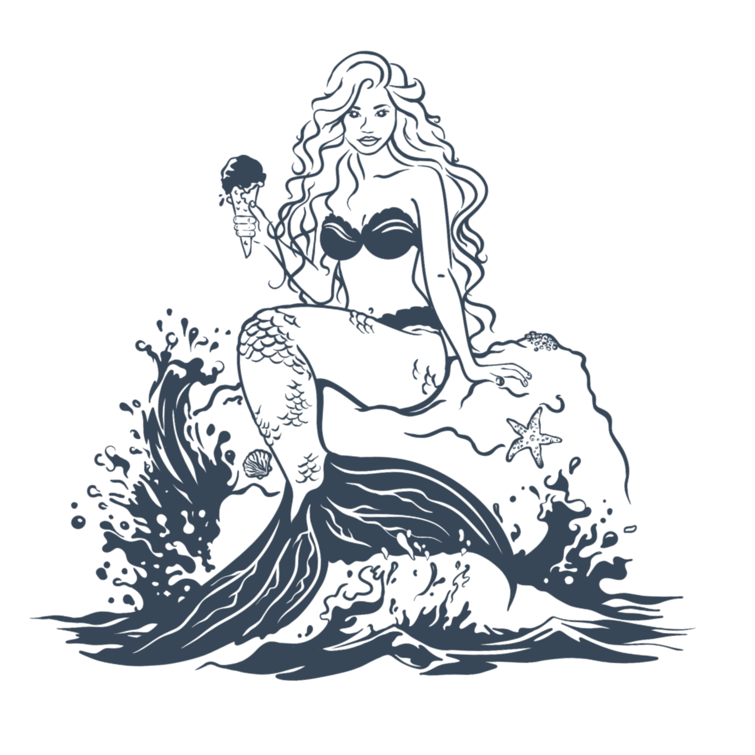 Outline of a mermaid holding a coral in her right hand, with long, flowing hair and a fish tail, against a black background.