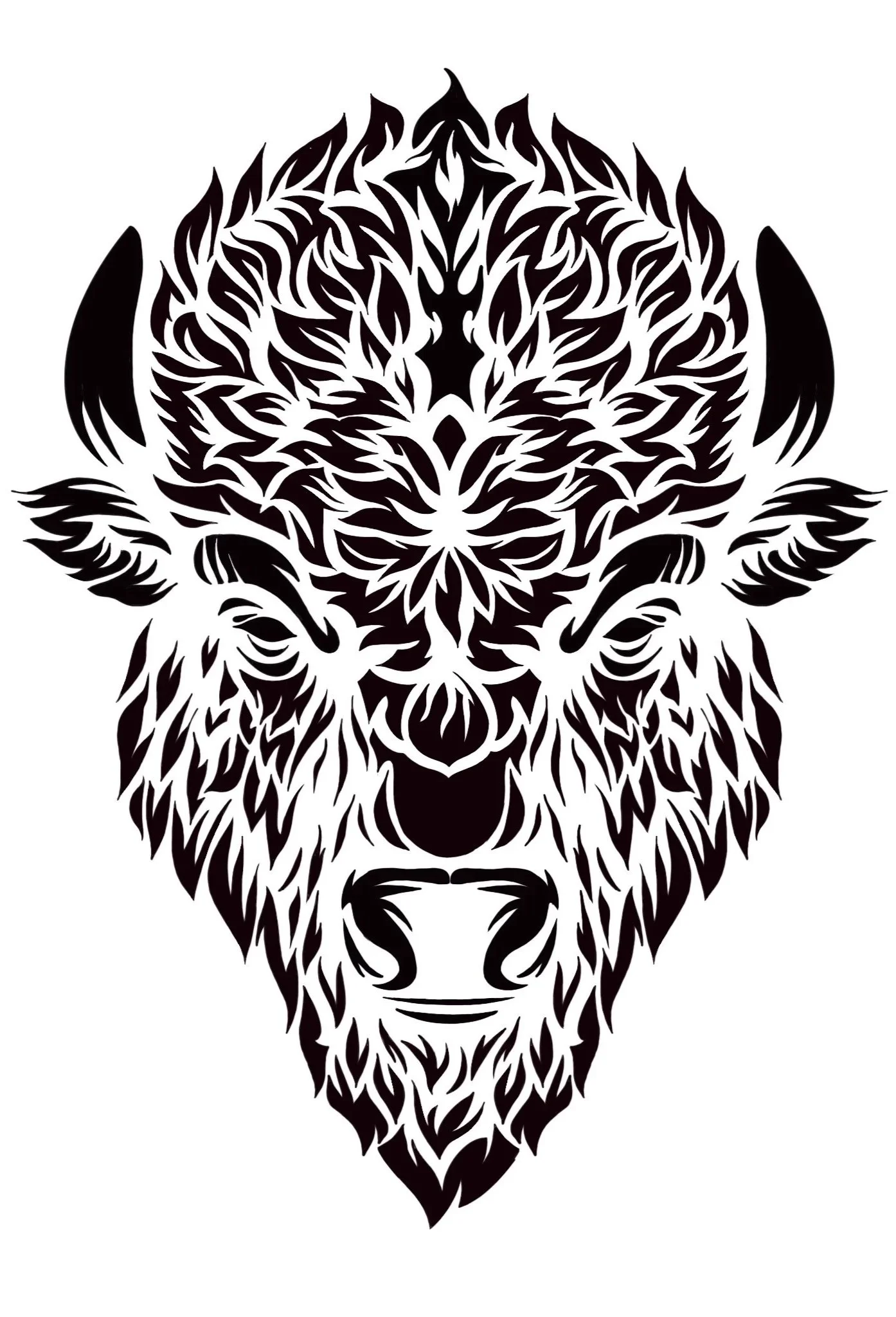 Black and white tribal-style illustration of a bison's face made of flame-like patterns.