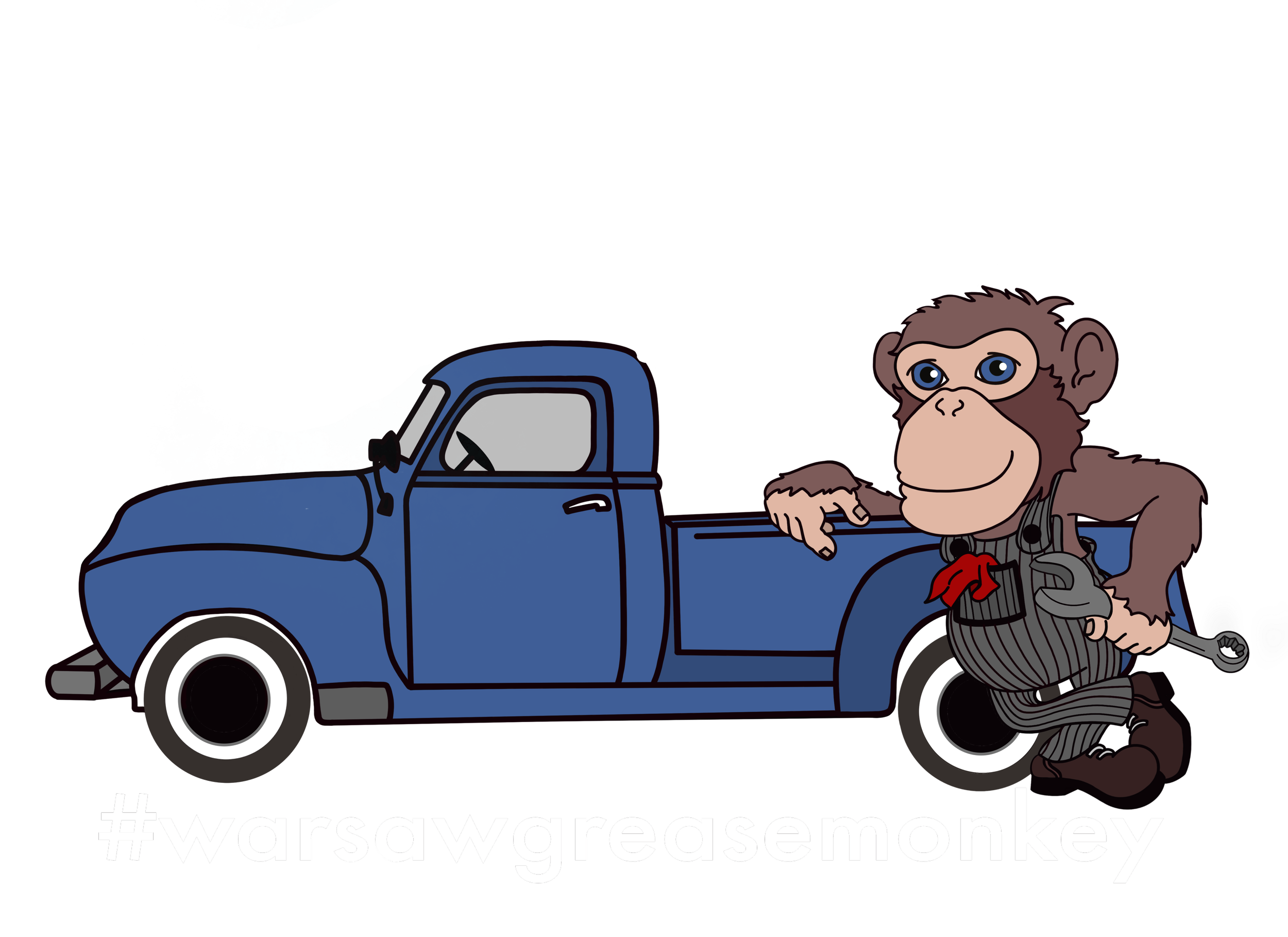 Cartoon illustration of a monkey with a mischievous expression sitting on a blue truck, with a hashtag #warsawgreasemoney overlaid at the bottom.