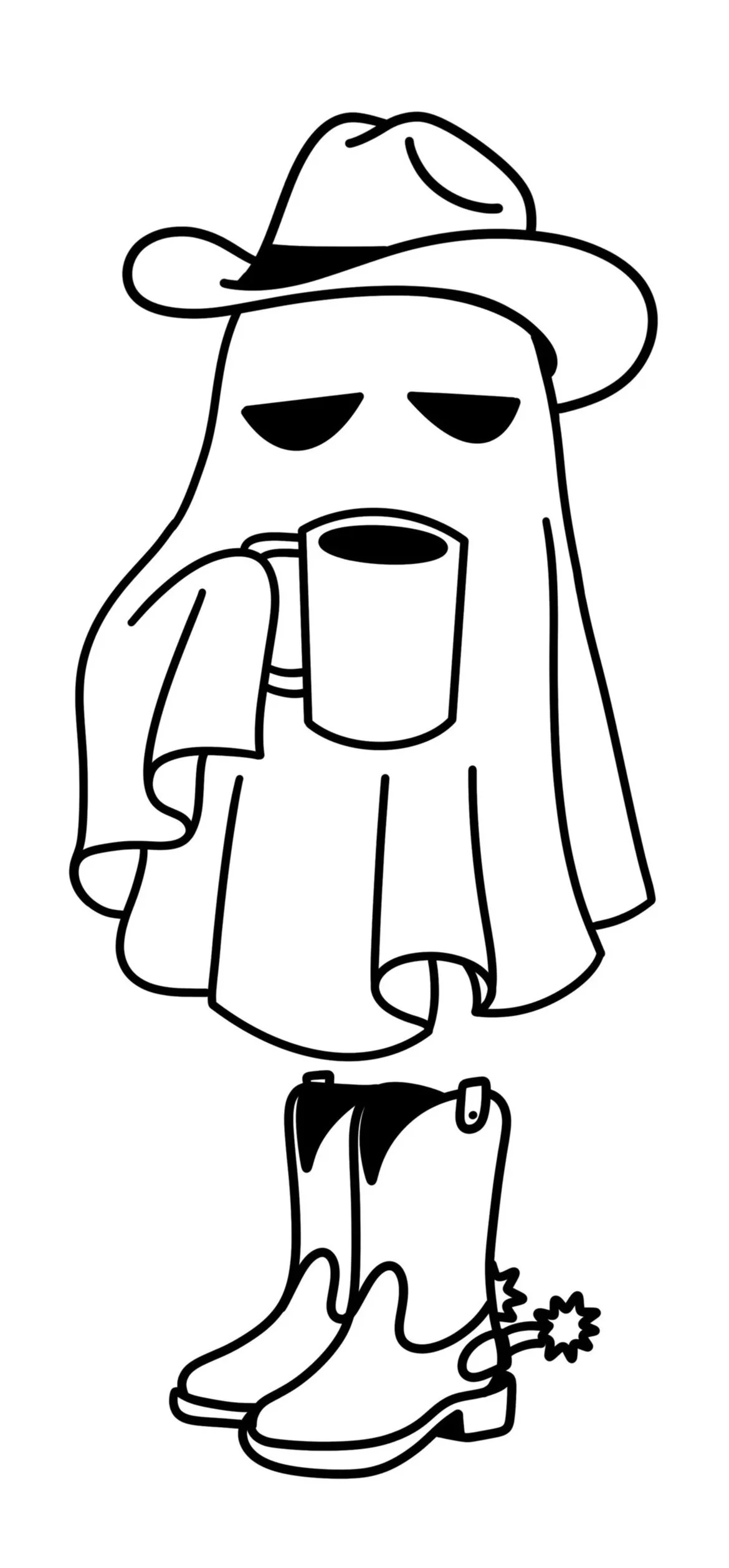A cartoon drawing of a ghost wearing a cowboy hat, holding a mug, wearing boots.
