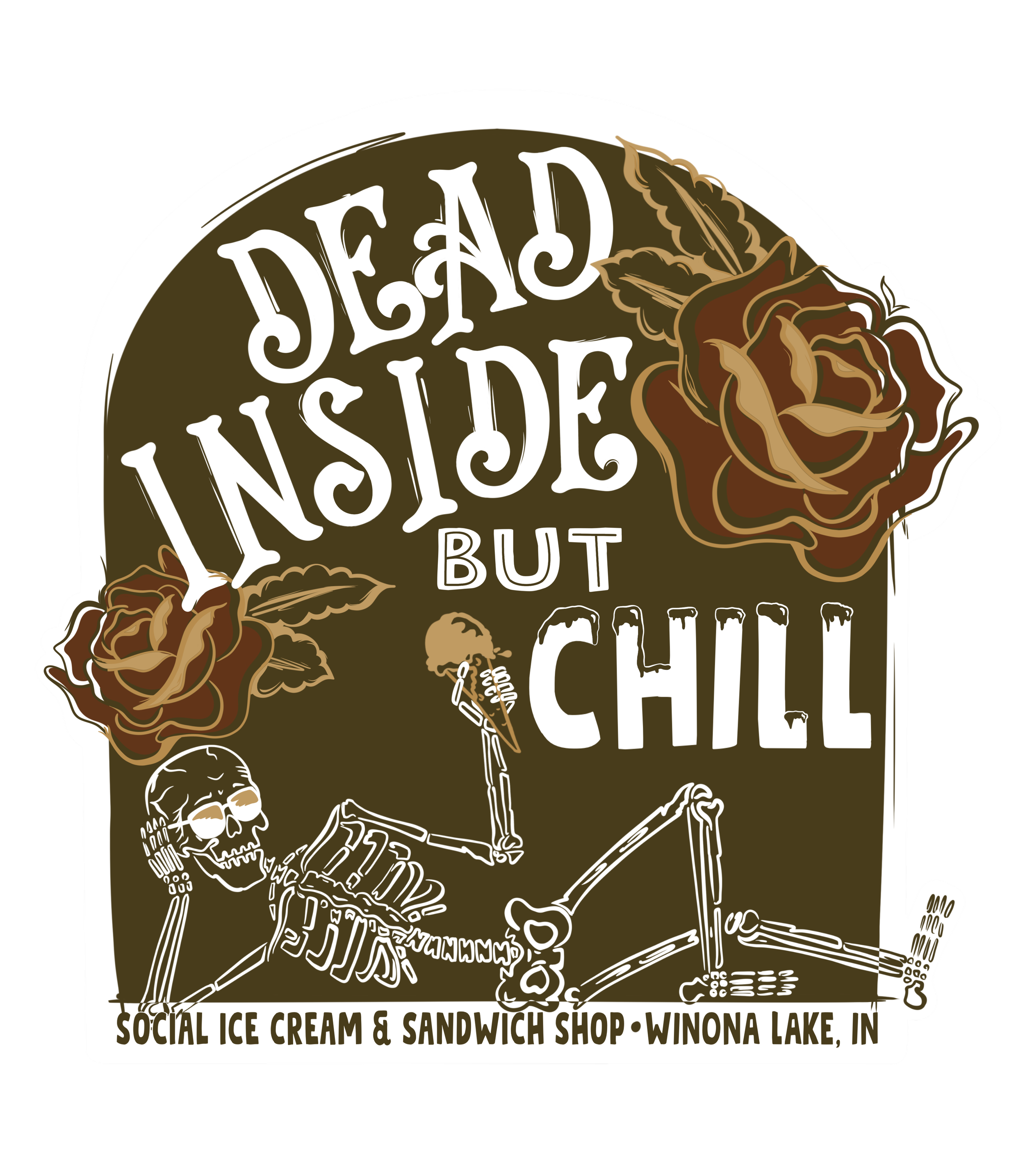 Illustration of a skeleton riding a bicycle with flowers and ice cream cone, with text about a social ice cream and sandwich shop in Winona Lake, Indiana.