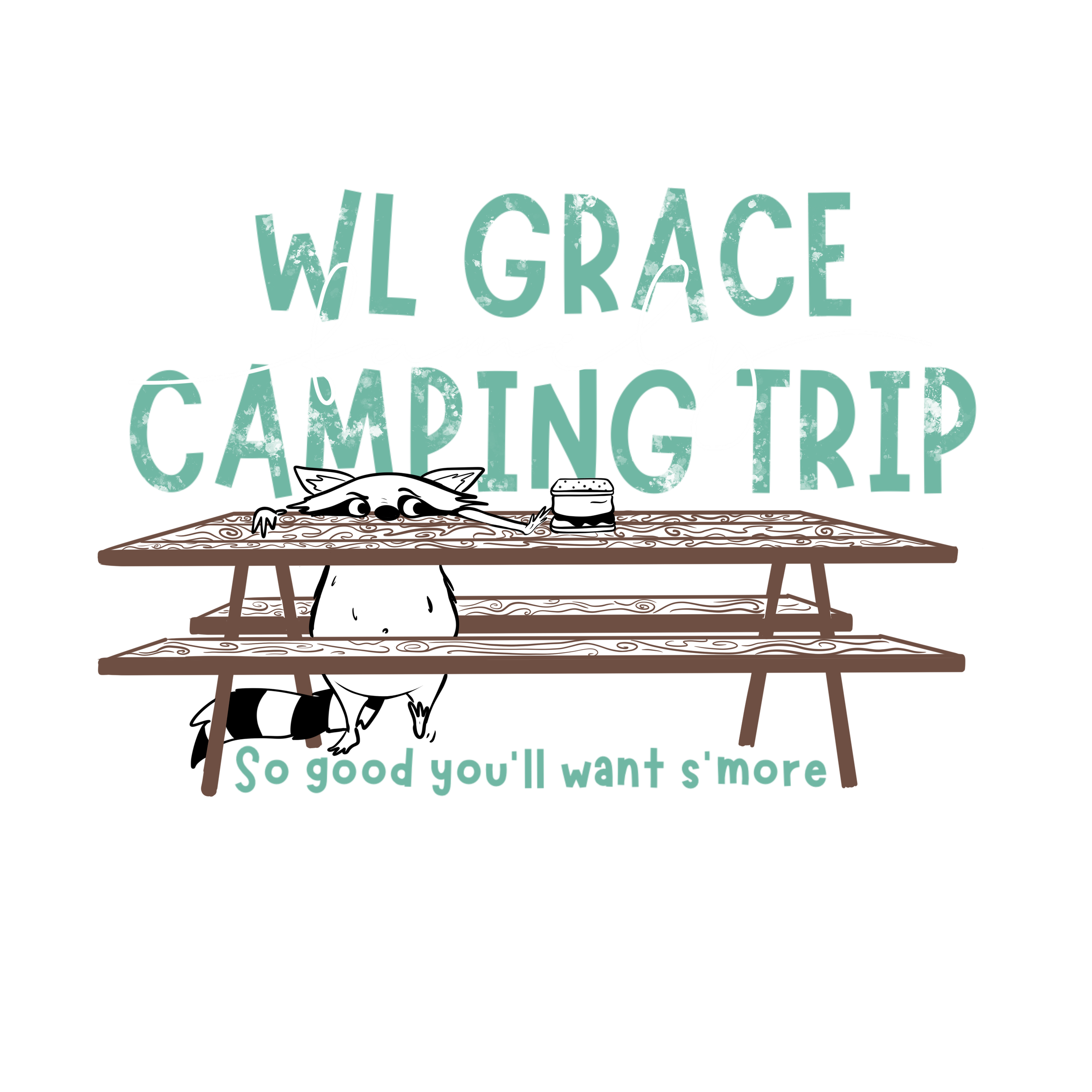 Colorful neon sign that reads 'Welcome to the camping trip' with a raccoon character underneath, peeking out from behind a table with a snack.