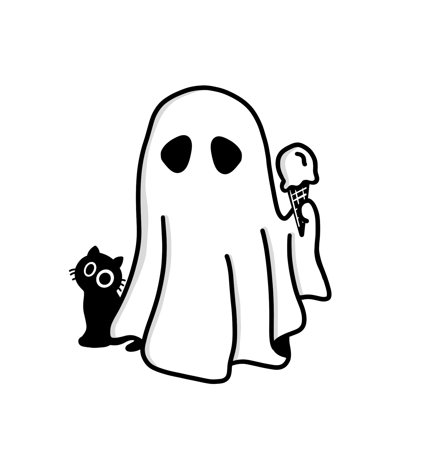 A cartoon illustration of a white ghost with two black eye holes, black eyebrows, and a small gray tail on the right side, set against a black background.