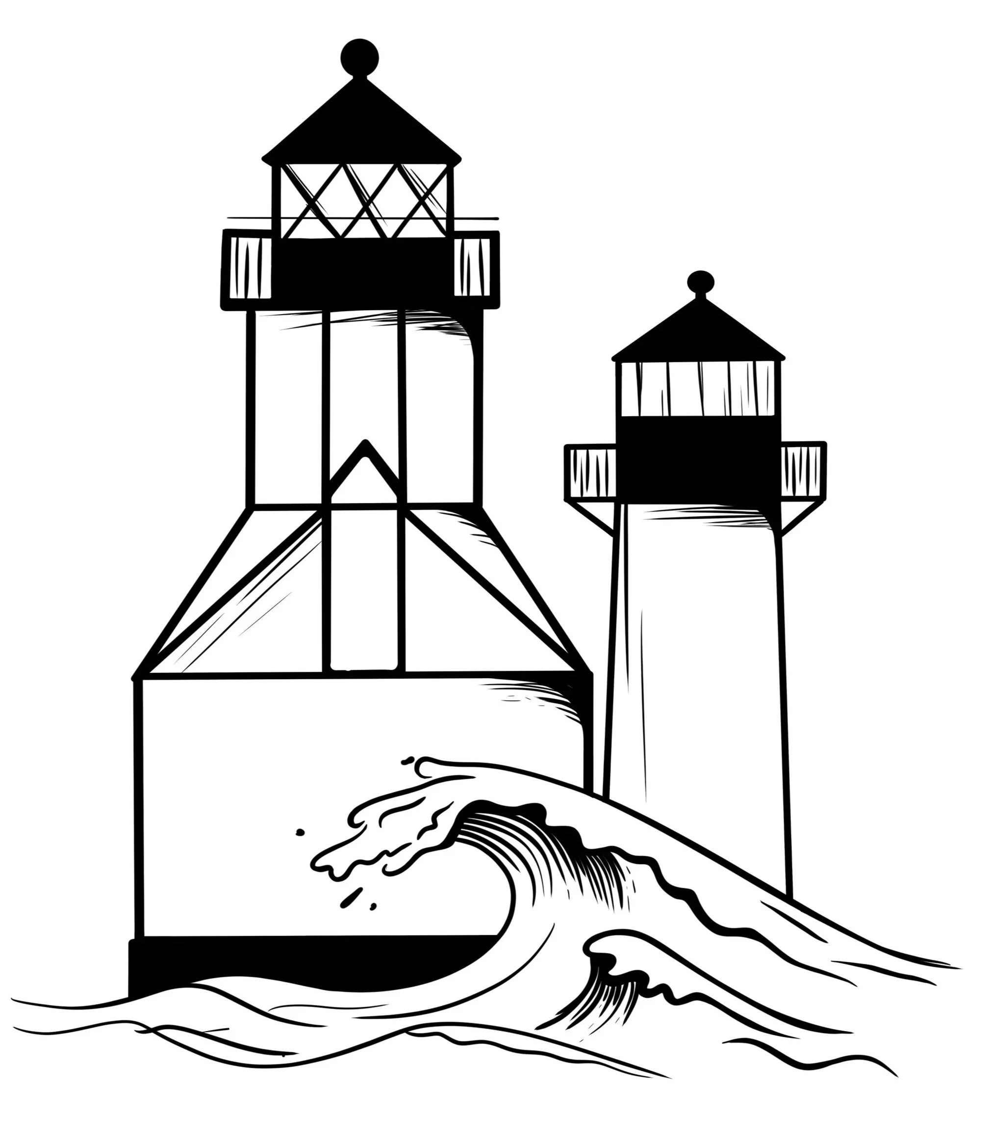 Silhouette of two lifeguard towers on the beach with waves in the foreground.