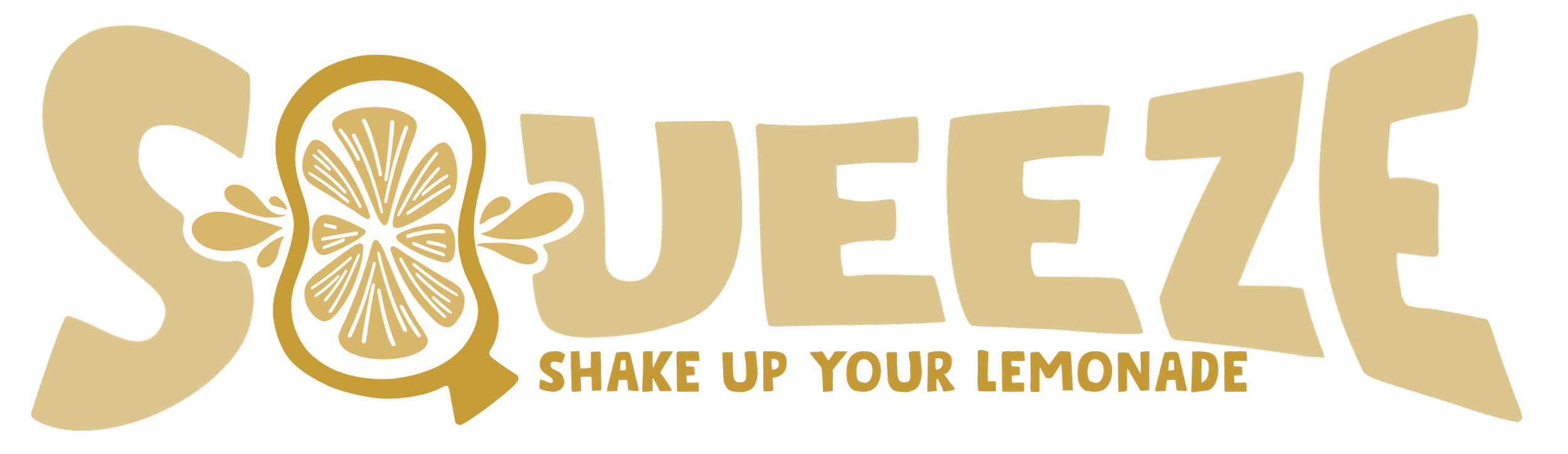 A logo for 'SQUEEZE' with a lemon slice inside the letter Q, the tagline 'Shake Up Your Lemonade' underneath.