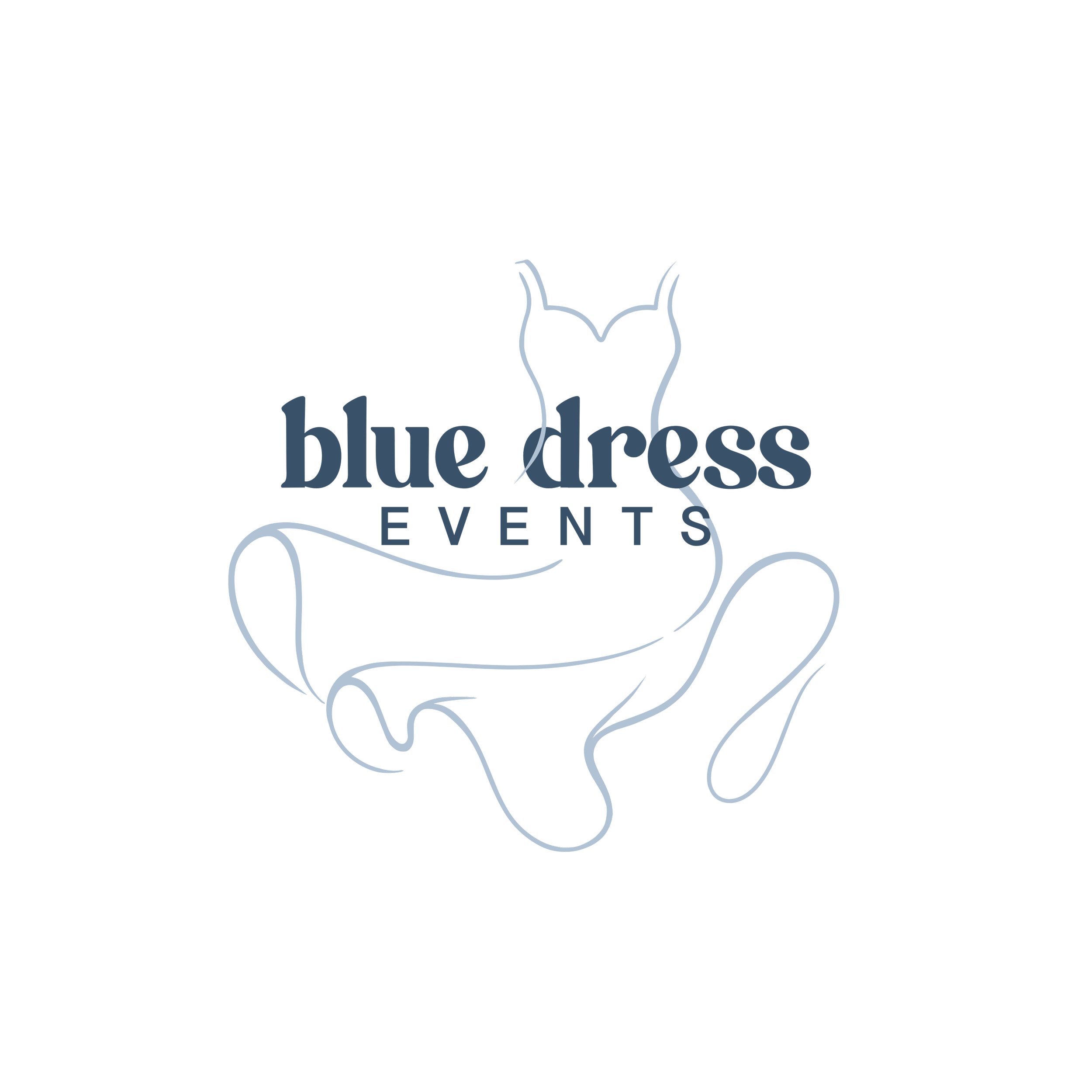 Graphic logo for 'Blue Dress Events' featuring a line drawing of a woman in a dress, with the text 'blue dress' above and 'EVENTS' below.