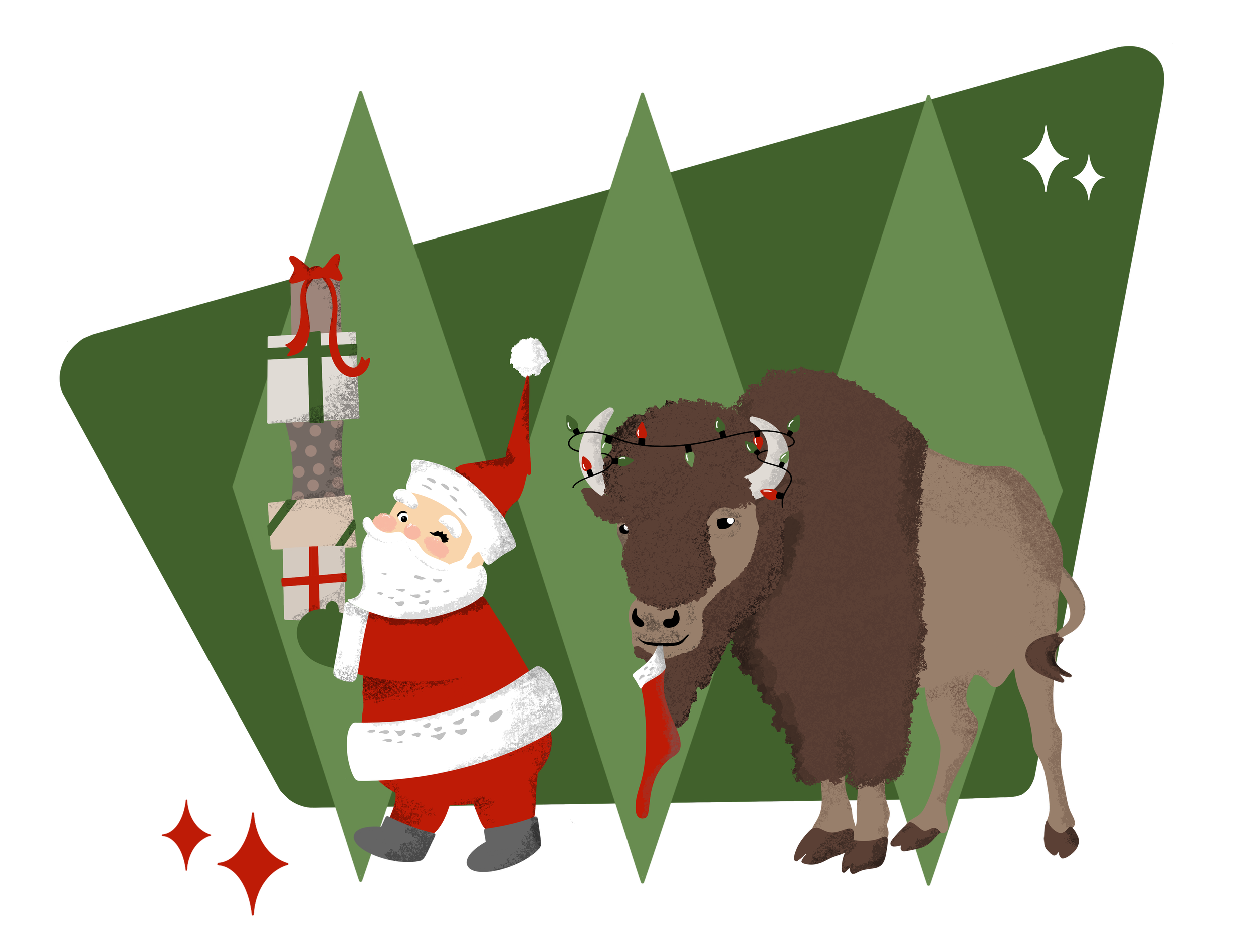 Festive Christmas scene with Santa Claus holding gifts, a reindeer decorated with holiday lights, and a brown bison, set against a backdrop of green pine trees and sparkles.