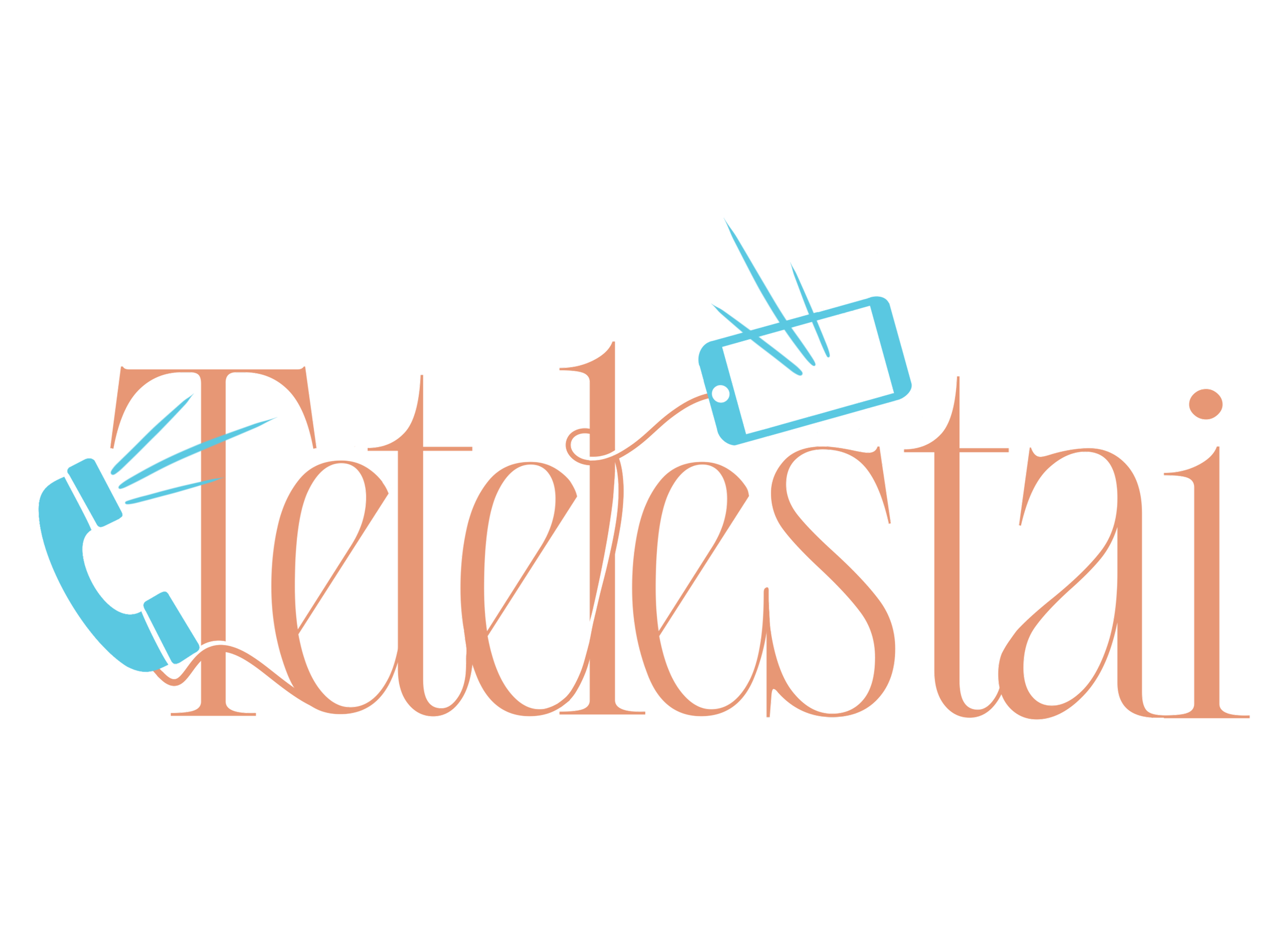 The image features stylized text that says 'telephoni'. The text is written in a cursive font in a light reddish-orange color. There are additional graphic elements including a blue telephone receiver on the left, appearing as a hand-held phone, and 