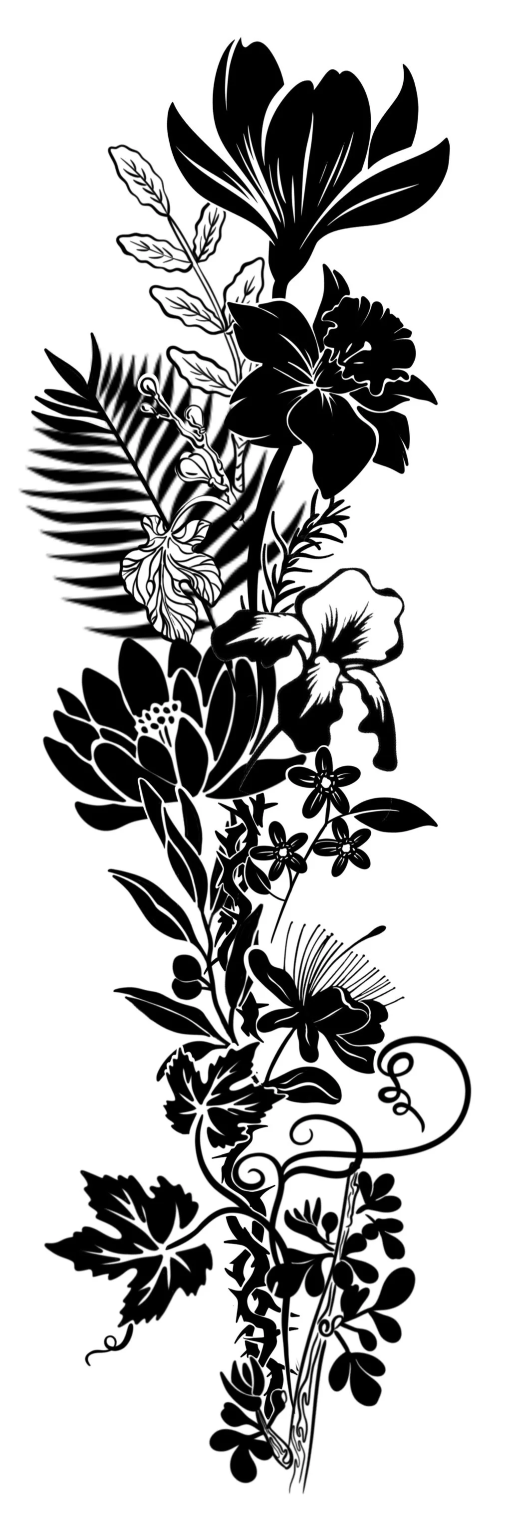 Black and white floral illustration featuring various flowers, leaves, and foliage with intricate details.