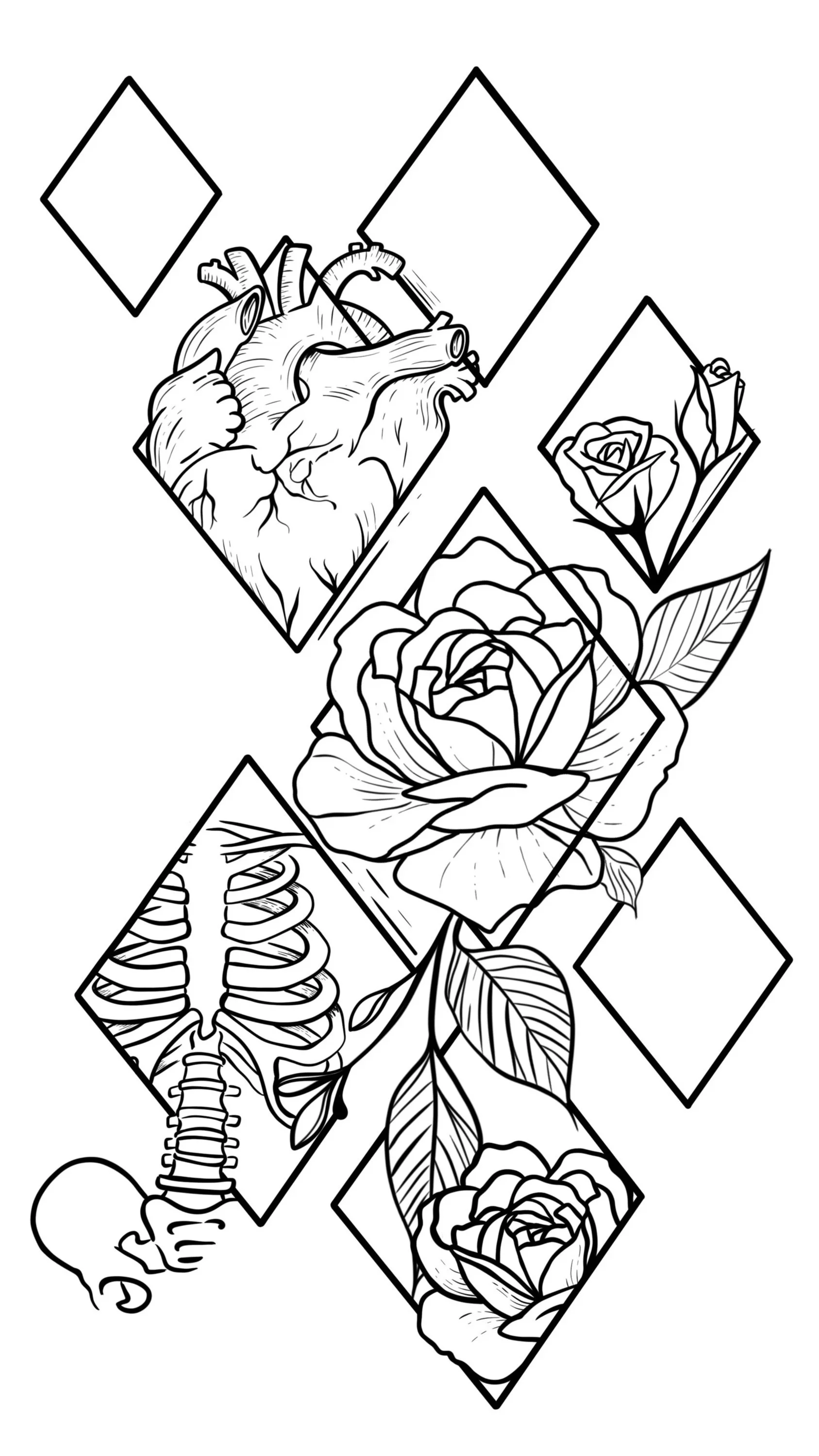 Black and white coloring page featuring detailed images of a human heart, roses, a skeleton hand, and a portion of a ribcage, connected by diamonds and lines.