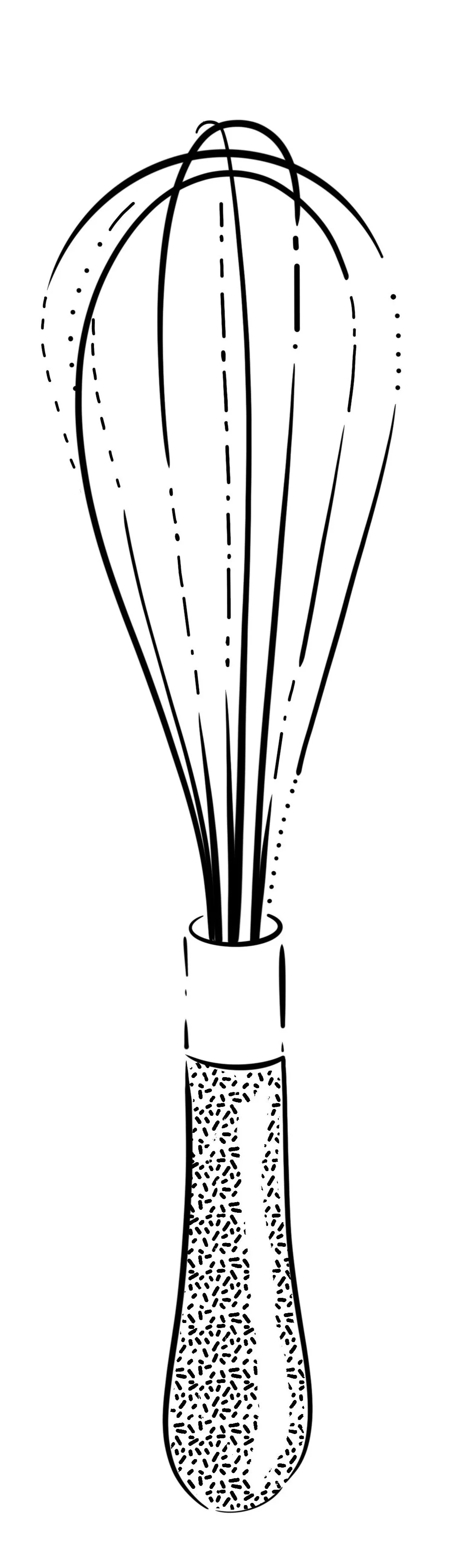 Black and white illustration of a whisk with attached streamers tied to a handle.
