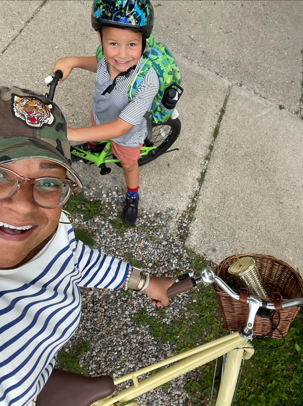 Nicolia and son biking in Chelsea
