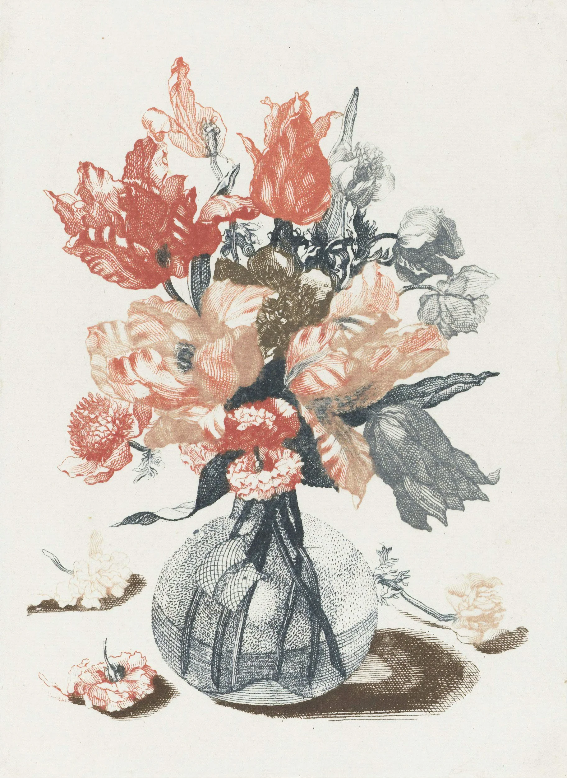Illustration of a large, detailed floral arrangement with a combination of red, black, and beige colors, featuring various flowers emerging from a patterned vase.