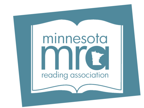 Logo of Minnesota MRA reading association featuring an open book with a map of Minnesota inside the letter 'g' and the text 'minnesota mra reading association'.