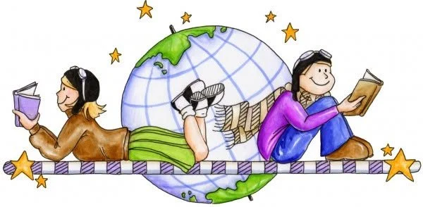 Two girls reading books, lying on a platform with a globe in the background, surrounded by stars.