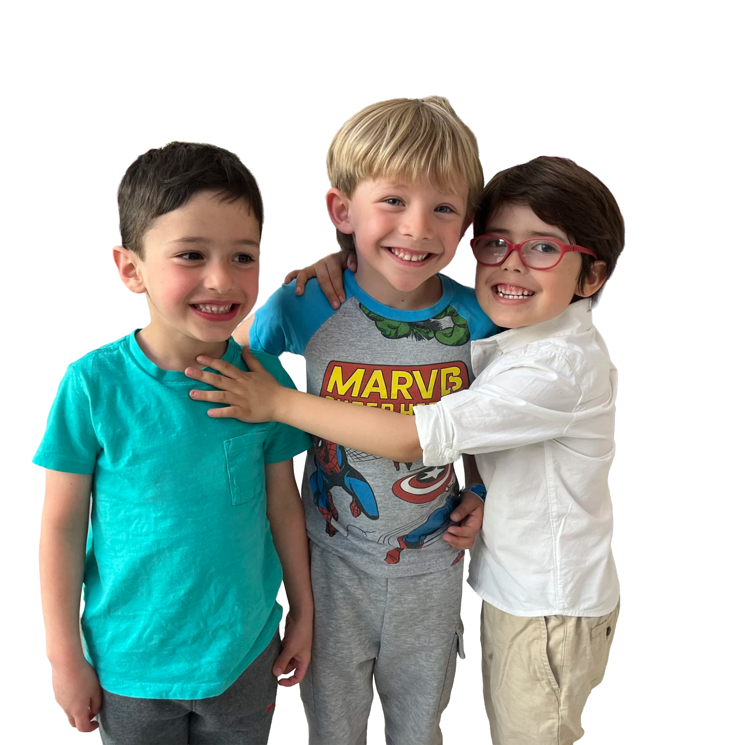 Three young boys standing close together smiling, with their arms around each other's shoulders, against a plain white background.