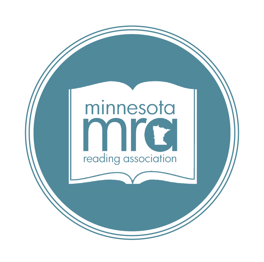 Logo of the Minnesota Reading Association featuring an open book with a white background,