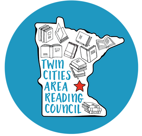 Illustration of the state of Minnesota with books and a red star, representing the Twin Cities Area Reading Council.