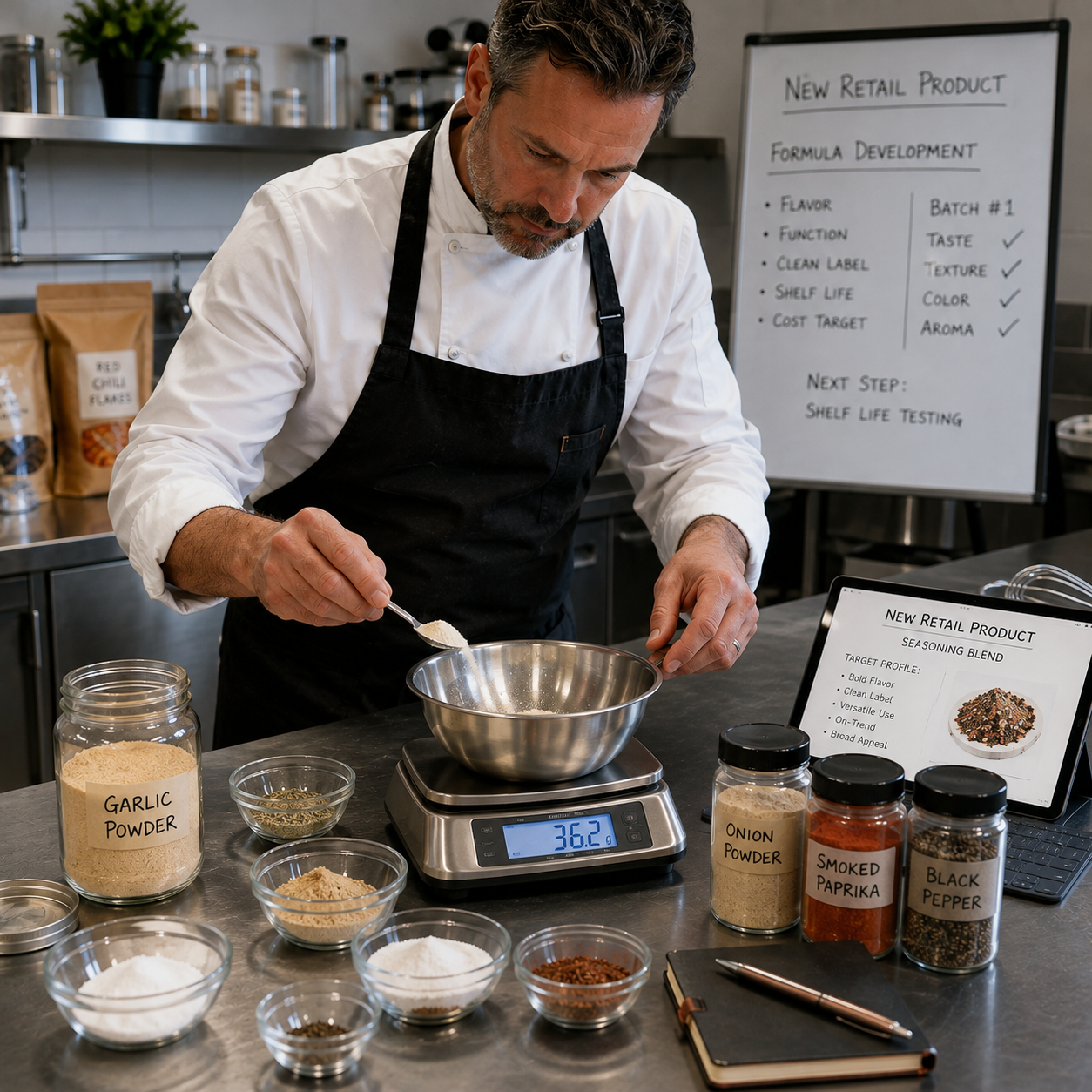 A man in a white chef's coat and black apron preparing a mixture in a stainless steel mixing bowl on a kitchen counter. Various spices and ingredients like garlic powder, onion powder, smoked paprika, and black pepper are labeled in jars on the counter. A digital scale shows 36.2 grams, and a whiteboard in the background displays notes for a new retail product development, including flavor, function, taste, texture, and other characteristics.