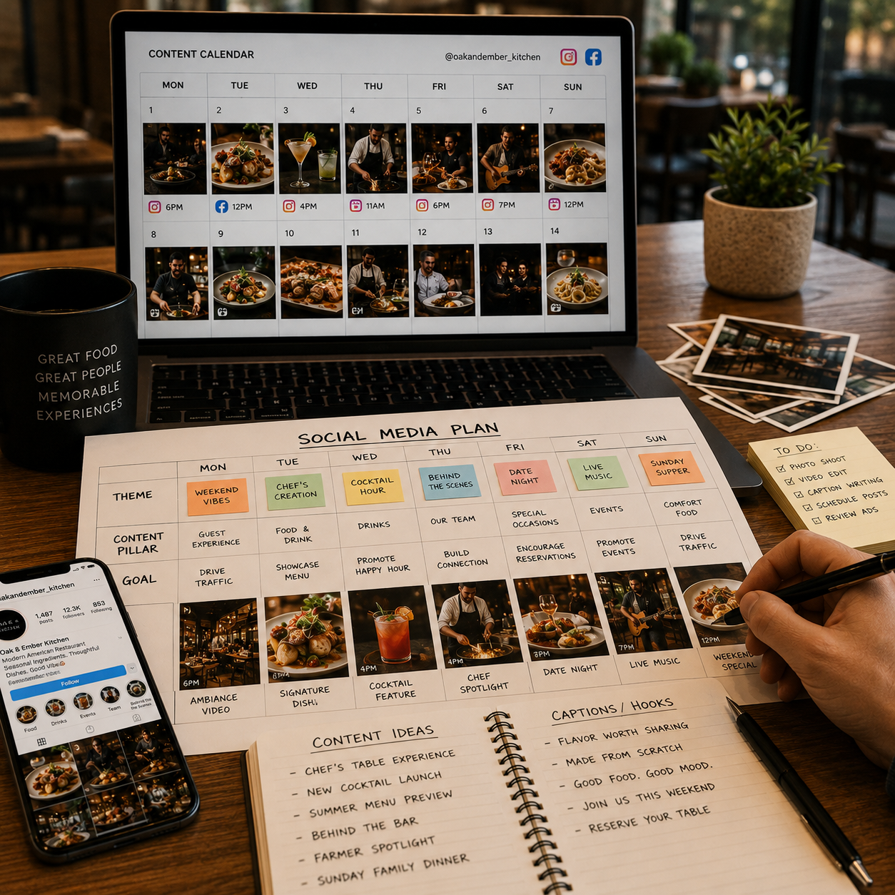 A workspace with a laptop displaying a content calendar with food, drinks, and music photos, a social media plan with themes and content ideas, a smartphone showing an Instagram profile, a mug with motivational text, photographs, a notepad with to-do list, and a person's hand writing in a notebook.