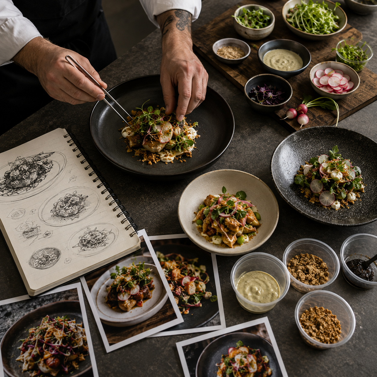 Chef decorating plates of gourmet salad with microgreens and radishes in a professional kitchen.