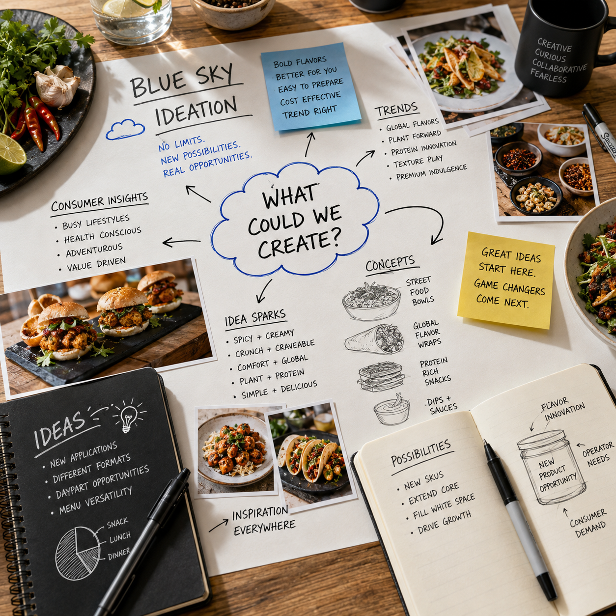 A white table with brainstorming notes and photos about food and meal ideas. Handwritten notes include 'What could we create?', 'Consumer insights,' 'Trends,' 'Ideas,' 'Concepts,' and 'Possibilities.' There are photos of prepared dishes like sliders, salads, and street food bowls. Sticky notes and a notebook with sketches and text about flavor innovation and global flavor trends.