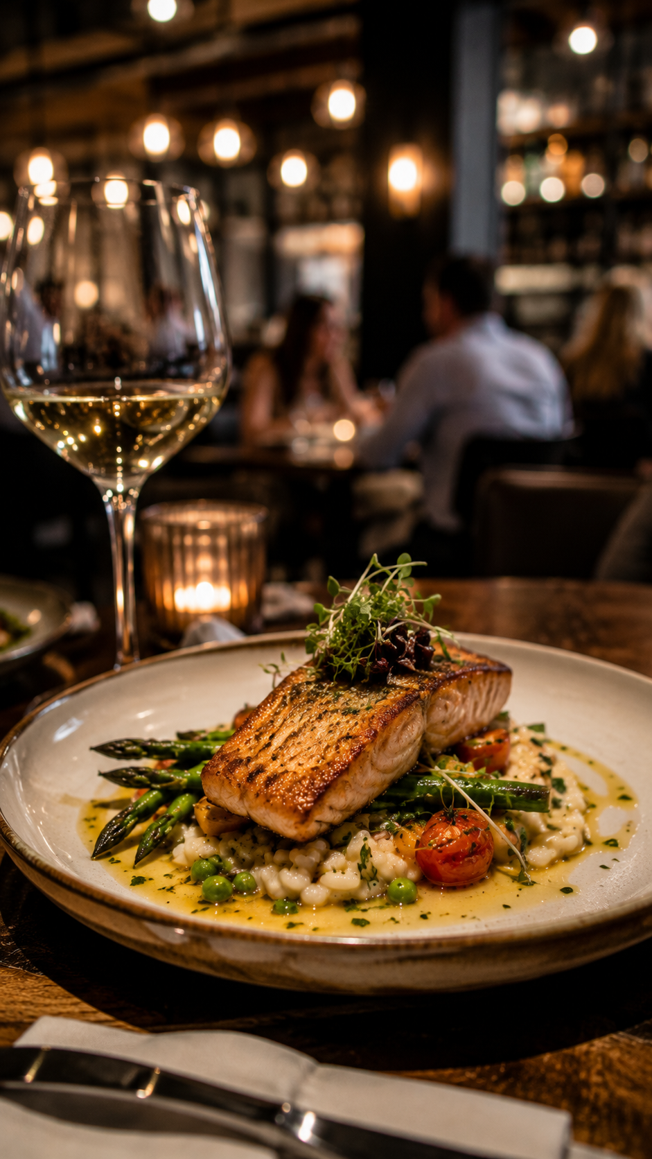A plated dish of grilled fish served with asparagus, cherry tomatoes, and creamy risotto, garnished with microgreens, in a restaurant setting with a glass of white wine in the foreground.