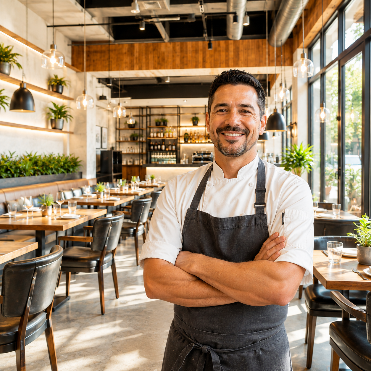 A smiling male chef in a white chef's coat and black apron standing with arms crossed inside a modern, well-lit restaurant with wooden tables, black chairs, and green plants.