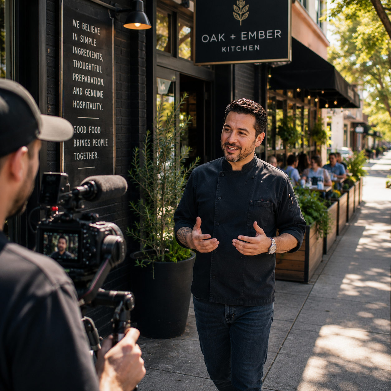 A chef being interviewed outside a restaurant called Oak + Ember Kitchen. The chef is speaking and gesturing with his hands, while a person recorded him with a camera. The restaurant has outdoor seating with customers and a sign displaying the restaurant's name.