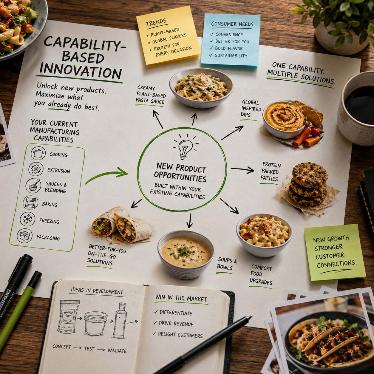 A diagram with food images and notes on innovation and product development, including plant-based sauces, dips, protein patties, soups, and bowls, surrounded by sticky notes about trends and consumer needs.