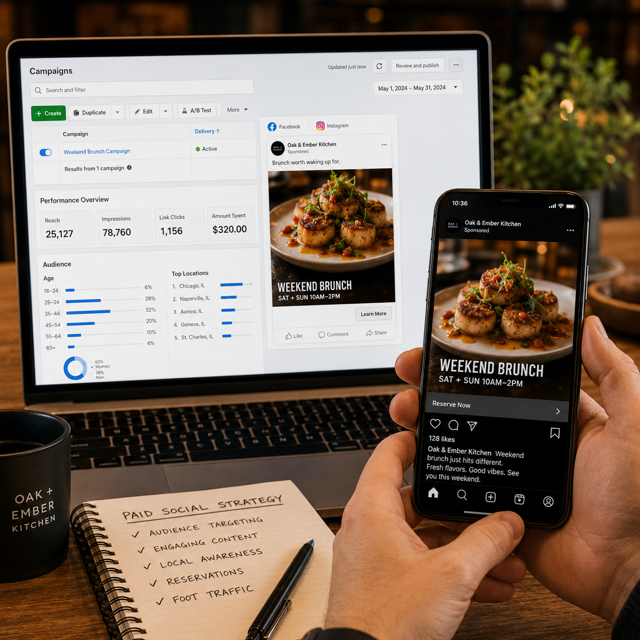 A person holds a smartphone displaying an Instagram post about a weekend brunch at Oak & Ember Kitchen, with a picture of scallops garnished with sauce and greens. In the background, a laptop screen shows Facebook ad campaign data for the same brunch event, including performance metrics and audience details. On the table, there is a black mug with the kitchen's logo, a notebook with social media strategy notes, and a pen.