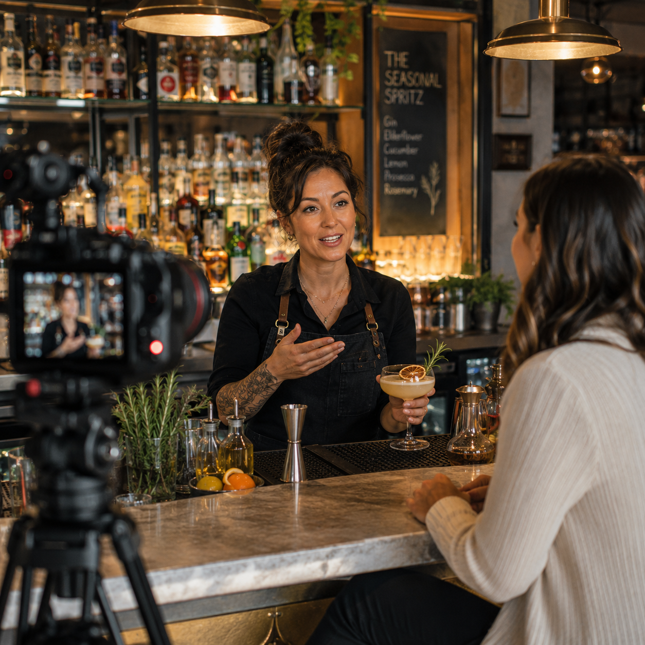 A bartender speaking to a customer at a bar, with a camera recording the interaction and bottles of alcohol and garnishes on the bar counter.