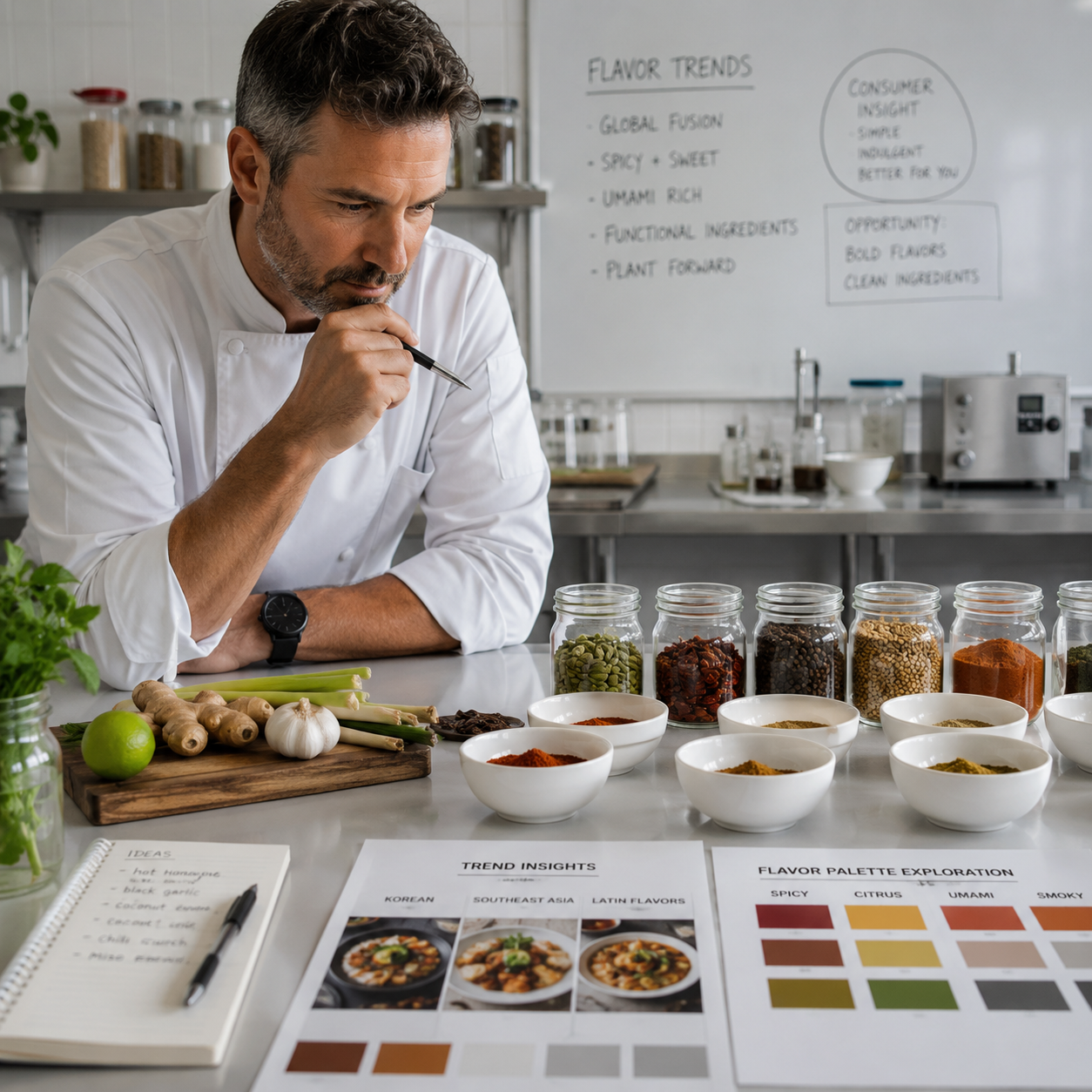 A chef in a white coat examining spices and ingredients on a kitchen counter, with jars of spices, garlic, ginger, and a green apple, along with notebooks and flavor charts on the table.