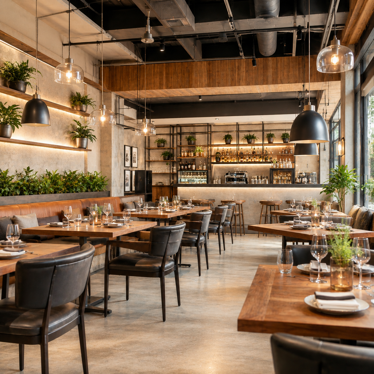 Modern restaurant interior with wooden tables, black chairs, potted plants, hanging pendant lights, and a bar area with liquor bottles and coffee machine.